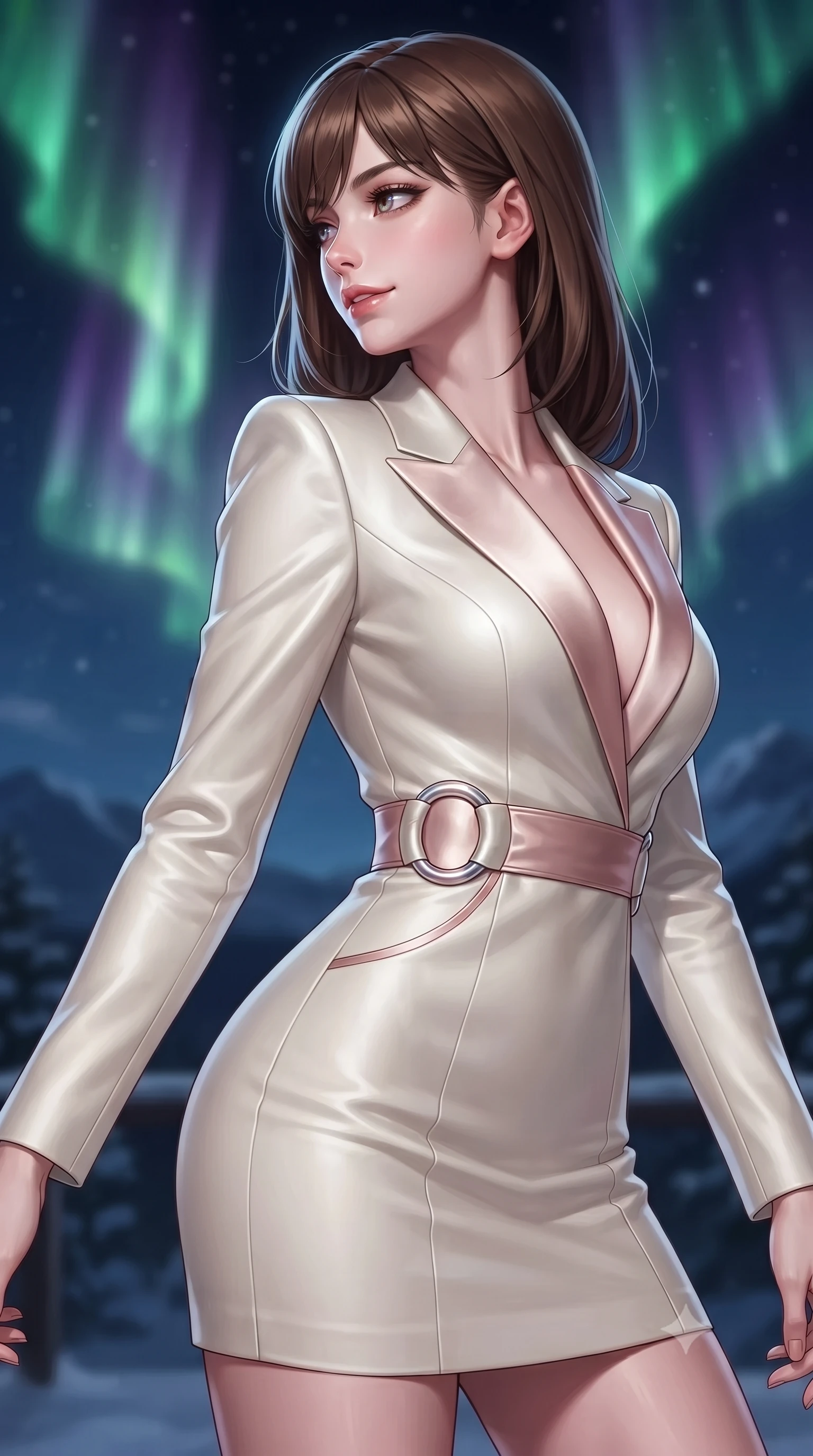 score_9, masterpiece, best quality, ultra-detailed, high-budget anime keyframe, editorial fashion photography, tasteful artistic composition, Korean woman. close-up cowboy shot from the waist and thighs up, the character dominates the composition, filling the frame with her large presence, background elements kept in soft focus. Glancing sidelong over her shoulder with a smoldering half-smile, standing on a mountain terrace as green and violet aurora ribbons dance overhead, dramatic contrast of vivid aurora rays against dark sky void. She has an exceptionally elegant, slender, and willowy female figure with an ultra-slim waist, a gracefully sculpted slender torso, and a refined silhouette. sharp v-shaped jawline, high-bridge nose, intricate jewel-like eyes with depth, thick eyelashes, glossy lips with a natural sheen. wearing tailored ivory tux dress with satin lapels and fitted waist in rose-gold pink, made of polished ivory leather, accented with sculpted opal chrome rings at the waist, the fitted fabric emphasizing her ultra-slim waist. bathed in cold silver starlight and vibrant polar light reflections. highly saturated vibrant anime colors, detailed shading with soft gradients, rich glossy textures, high-contrast stereoscopic depth, volumetric dynamic lighting, master piece, 9:16 ratio