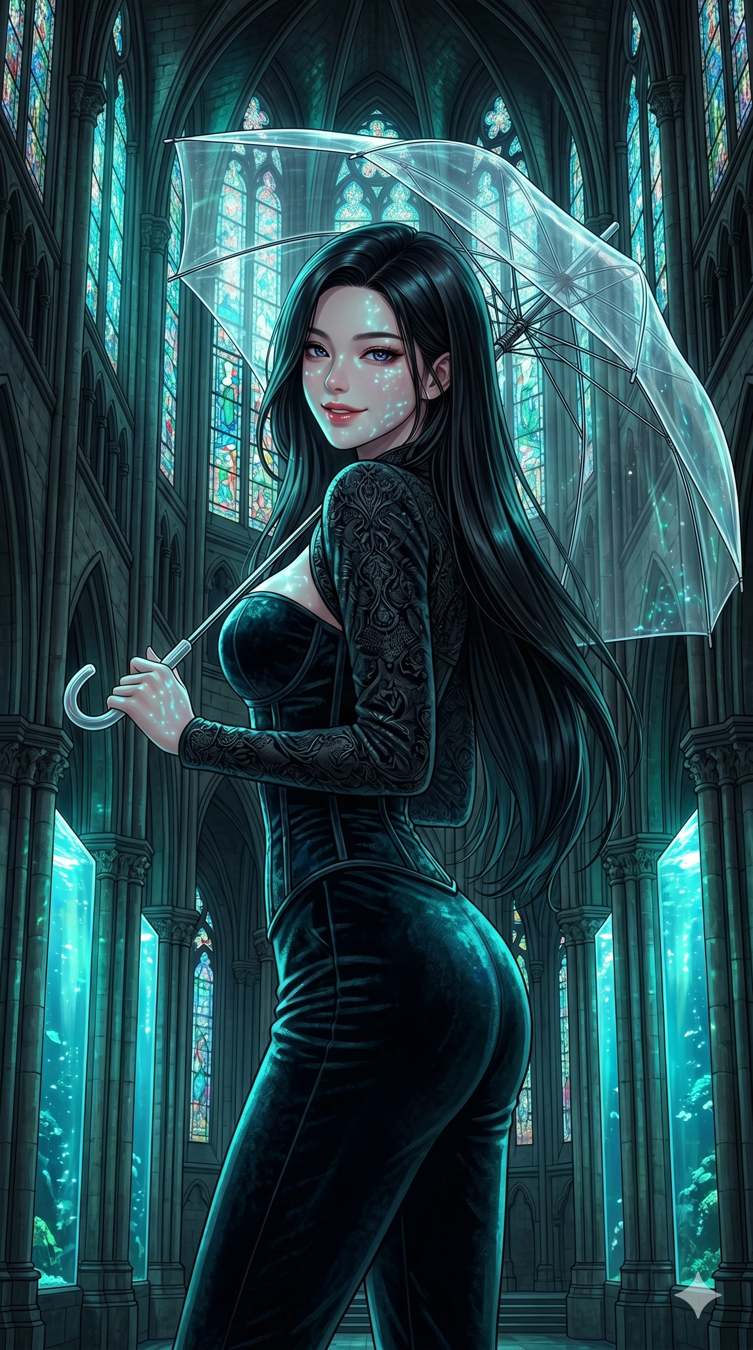 score_9, masterpiece, best quality, ultra-detailed, high-budget anime keyframe, editorial fashion photography, tasteful artistic composition, Korean woman. cowboy shot from the thighs up, character and outfit filling the frame for maximum editorial presence. holding a translucent umbrella, looking over her shoulder with a magnetic smile in a gothic stone cathedral sanctuary with towering stained-glass windows (Code-P18-176). She has an absolutely perfect 8-heads proportion, an exceptionally tall and slender female figure with impossibly long slender legs and an ultra-slim waist. V-shaped jawline, high-bridge nose, intricate jewel-like eyes with depth, thick eyelashes, glossy lips with a natural sheen. wearing a dark velvet structured bodice combined with a fine patterned embroidery shrug. cyan and emerald light from the aquarium tanks casting glittering patterns on her skin. 2k, ultra detail, master piece, 9:16 ratio