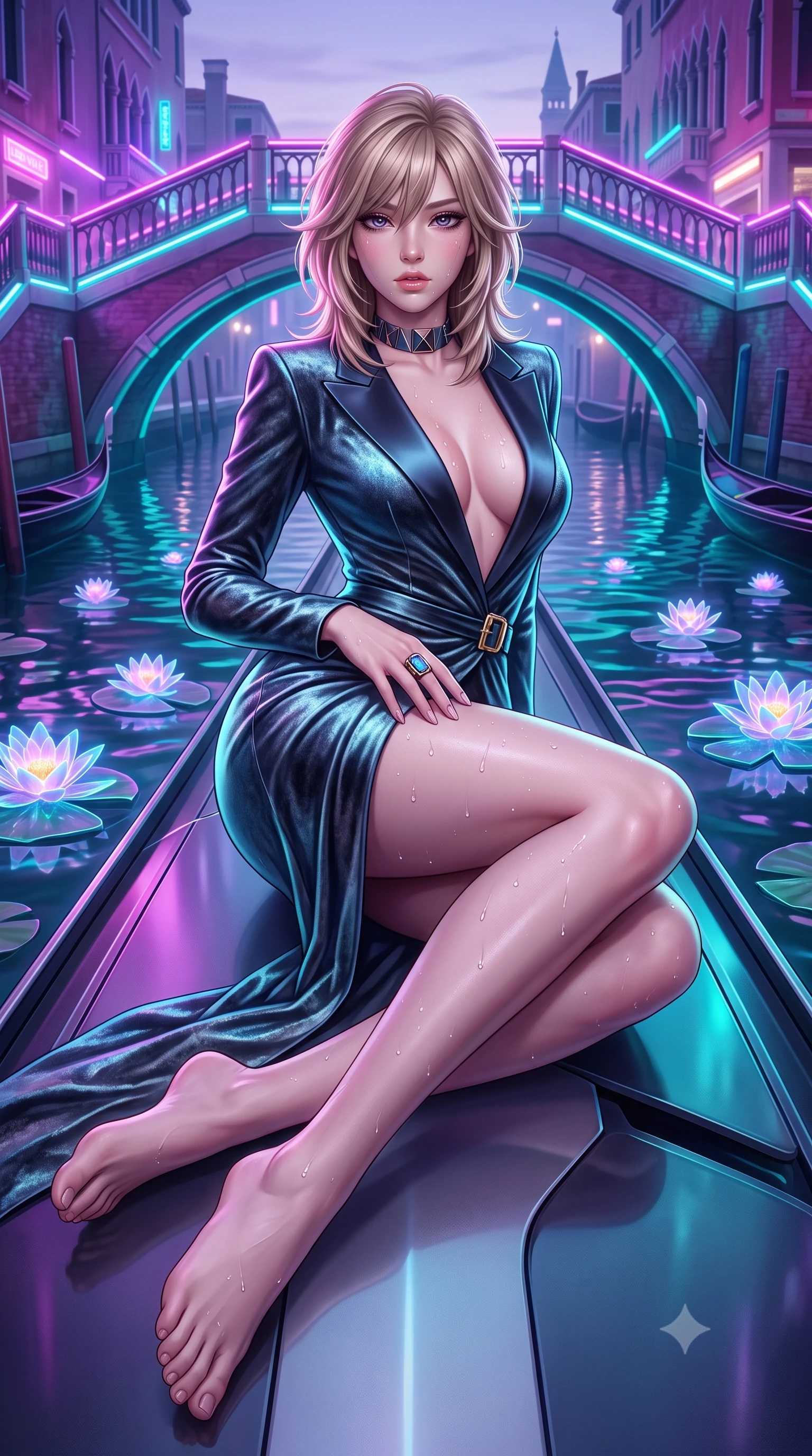 score_9, masterpiece, best quality, ultra-detailed, high-budget anime keyframe, semi-realistic 3D game render, editorial fashion photography, tasteful artistic composition, Japanese woman. low angle full-body shot from head to toe showing her feet, filling the entire 9:16 vertical frame with her statuesque presence, stretching her vertical silhouette. reclining on her side in an elegant Cleopatra pose with one knee drawn up, the dramatic contour of her rounded hips and long slender legs commanding the 9:16 vertical frame while standing on the sleek composite prow of an electric hydrofoil gondola, arching her back as neon-lit bridges and holographic water lilies glide past. The surrounding environment is rendered in vivid detail and crisp panoramic clarity. detailed silk and vinyl dress movement, water droplet beads on skin, and Venice biome architecture in high resolution. She has an exceptionally tall and slender model-like 8.5-heads proportion, an ultra-slim waist, a flat toned midriff, narrow delicate ribcage, and beautifully sculpted feminine hips creating a graceful, slim hourglass silhouette without any bulky heaviness, with impossibly long slender legs. sharp v-shaped jawline, high-bridge nose, intricate jewel-like eyes with depth, thick eyelashes, glossy parted lips with a natural sheen, intensely captivating and seductive bedroom-eyes expression, flawlessly proportioned anatomical accuracy, strict slender model proportions, natural body alignment, perfectly sculpted long slender limbs, ultra-slim waistline, clean dynamic posture without body distortion. wearing a tailored velvet tuxedo jacket dress with satin lapels, worn with a deep plunge neckline and gold hip buckle in metallic gunmetal and electric azure, crafted from heavyweight crushed silk velvet with liquid vintage luster, complemented by a bold geometric choker and sparkling cocktail ring, the glove-like aerodynamic silhouette tightly following the natural contour of her hips and long slender legs with statuesque 8.5-heads elegance. bathed in rich neon violet and turquoise canal edge lights contrasting with soft ambient dome twilight. highly saturated vibrant anime colors, detailed shading with soft gradients, rich glossy textures, high-contrast stereoscopic depth, volumetric dynamic lighting, master piece, 9:16 ratio
