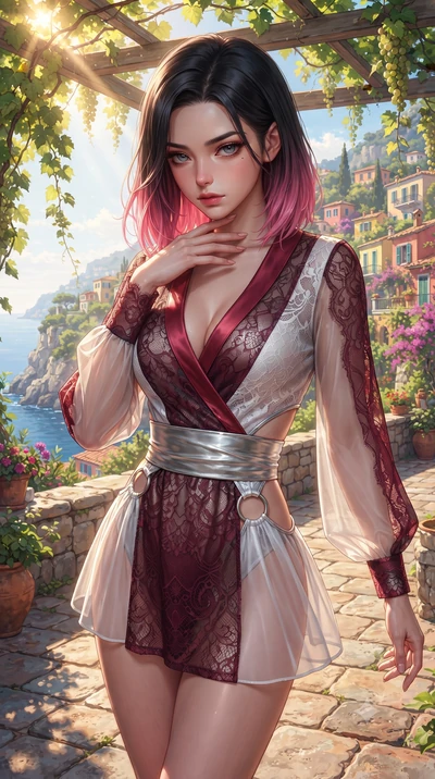score_9, masterpiece, best quality, ultra-detailed, high-budget anime keyframe, editorial fashion photography, tasteful artistic composition, Korean woman. close-up cowboy shot from the waist and thighs up, the character dominates the composition, fi