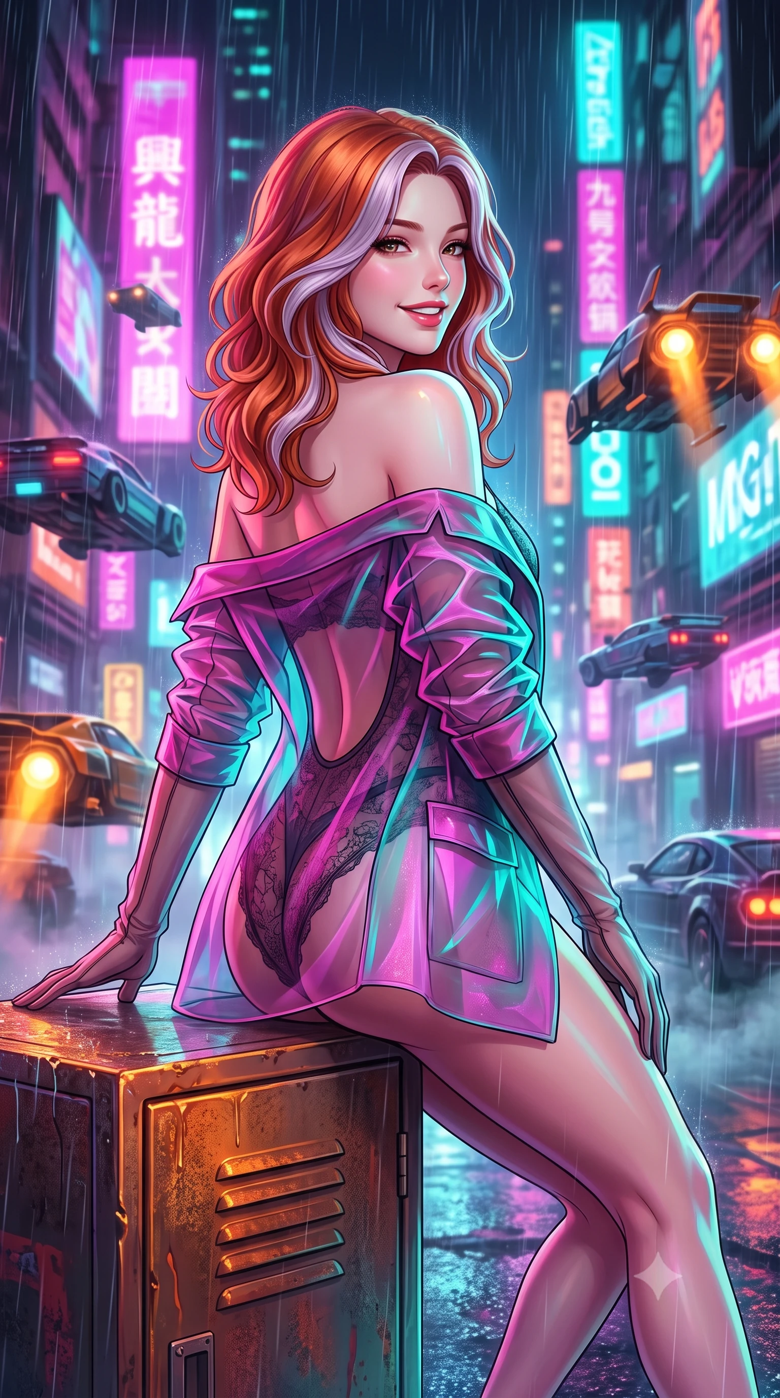 score_9, masterpiece, best quality, ultra-detailed, high-budget anime keyframe, semi-realistic 3D game render, editorial fashion photography, tasteful artistic composition, Caucasian woman. close-up cowboy shot from the waist and thighs up, the character dominates the composition, filling the frame with her large presence. posing in an alluring rear three-quarter angle, looking over a bare shoulder with parted glossy lips, her hips cocked back to highlight her slim hourglass curve while lounging gracefully on the heated steel equipment locker with legs extended, displaying her long slender legs and statuesque hourglass silhouette amid rain-slicked neon. The background shows a soft-focus towering vertical holographic neon billboards, dripping rain curtains, and swarms of hovering tactical aerocars blurred into fuchsia, turquoise, and amber bokeh. She has an exceptionally elegant, slender, and willowy female figure with an ultra-slim waist, flat toned midriff, narrow ribcage, and sculpted feminine hips creating an alluring, slim hourglass silhouette without bulk. sharp v-shaped jawline, high-bridge nose, intricate jewel-like sparkling eyes with depth, thick eyelashes, glossy parted lips with a natural peach sheen, bright cheerful beaming smile with an enchanting and coquettish sensual glint, exuding both youthful cute charm and seductive allure, flawlessly proportioned anatomical accuracy, strict slender model proportions, natural body alignment, perfectly sculpted long slender limbs, ultra-slim waistline, clean dynamic posture without body distortion. wearing a delicate sheer French Chantilly lace teddy layered under an open tailored tactical combat blazer draped over bare shoulders in Kowloon neon magenta and electric teal, crafted from translucent silk organza with an ethereal crystalline sheen, complemented by sheer opera-length evening gloves tracing her slender arms, the precision-cut side openings and low-back scoop framing her graceful spine and the sensual sweep of her slim, toned hips. bathed in the multi-hued ambient neon glow of towering holographic billboards mixed with warm orange VTOL engine exhausts. highly saturated vibrant anime colors, detailed shading with soft gradients, rich glossy textures, high-contrast stereoscopic depth, volumetric dynamic lighting, master piece, 9:16 ratio