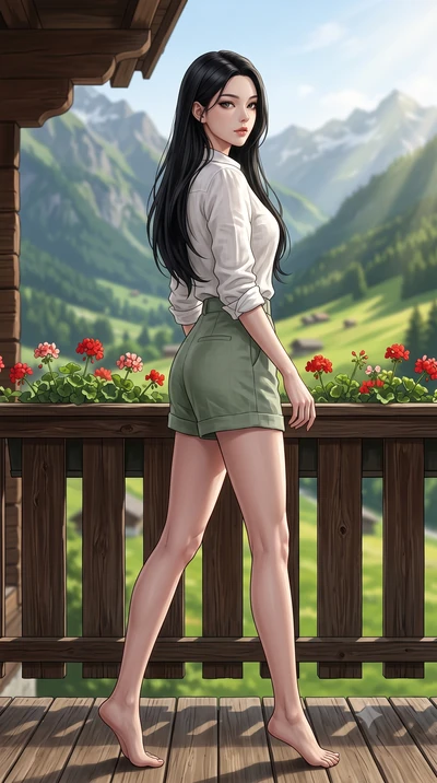 score_9, masterpiece, best quality, ultra-detailed, high-budget anime keyframe, editorial fashion photography, tasteful artistic composition, Korean woman woman. low angle full-body shot from head to toe showing her feet, filling the entire 9:16 vert