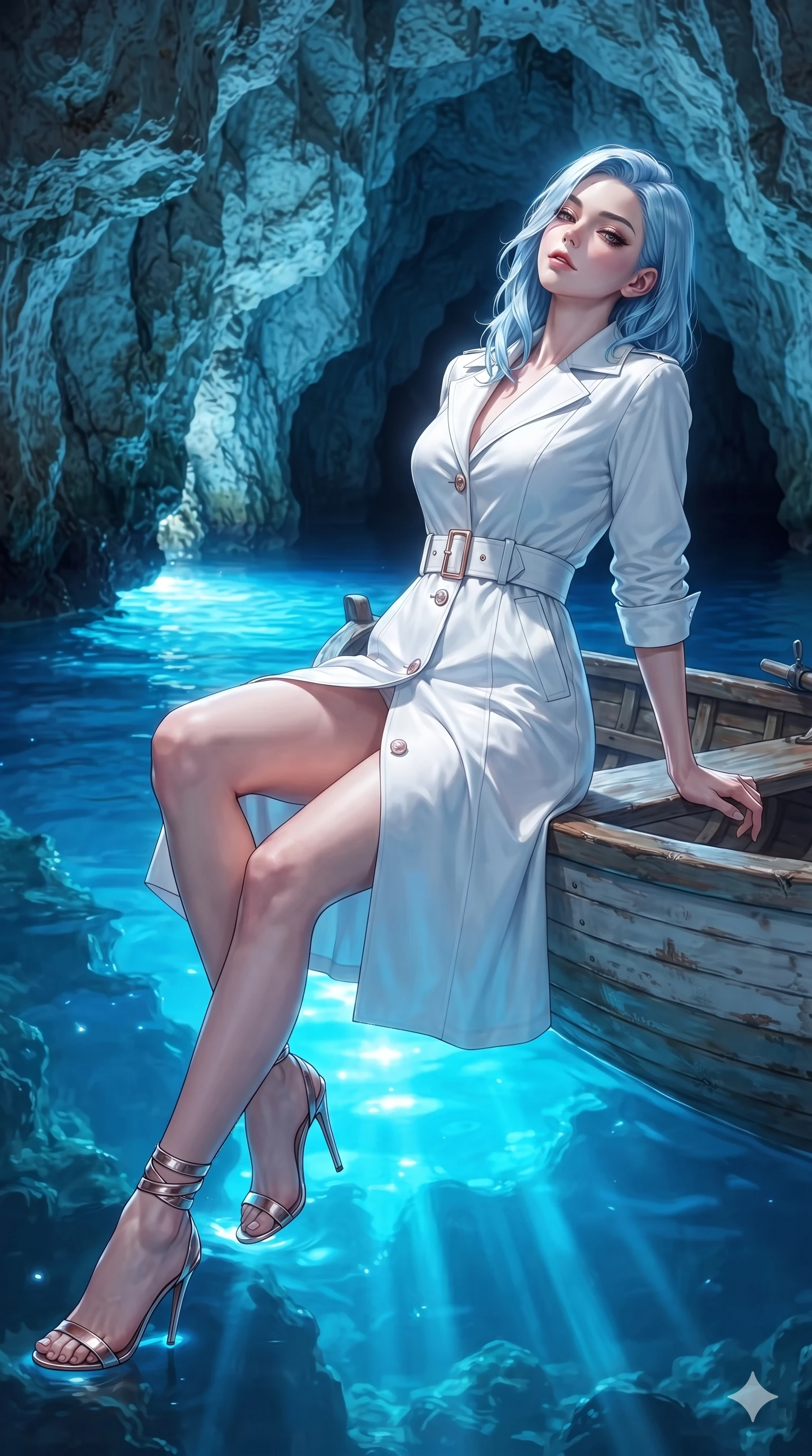 score_9, masterpiece, best quality, ultra-detailed, high-budget anime keyframe, editorial fashion photography, tasteful artistic composition, Korean woman. close-up cowboy shot from the waist and thighs up, the character dominates the composition, filling the frame with her large presence. leaning back against the balustrade with relaxed seductive grace, head tilted back slightly while casting a hypnotic, heavy-lidded gaze while perched gracefully on the edge of a small wooden rowing boat inside the luminous grotto, arching her spine with ethereal siren poise as electric blue water glows beneath her. The surrounding environment is rendered in vivid detail and crisp panoramic clarity: sharp limestone cave wall texture, water surface meniscus clarity, and glowing underwater light beam refraction in deep focus. She has an exceptionally elegant, slender, and willowy female figure with an ultra-slim waist, flat toned midriff, narrow ribcage, and sculpted feminine hips creating an alluring, slim hourglass silhouette without bulk. sharp v-shaped jawline, high-bridge nose, sparkling eyes with hypnotic seductive depth, thick curled eyelashes, glossy parted lips with a natural dewy peach sheen, alluring bedroom-eyes with an enchanting coquettish smile, exuding magnetic siren charisma and sophisticated glamour, flawlessly proportioned anatomical accuracy, strict slender model proportions, natural body alignment, perfectly sculpted long slender limbs, ultra-slim waistline, clean dynamic posture without body distortion. wearing a tailored white cotton poplin resort trench dress with structured waist belt and mother-of-pearl buttons in celestial pearl white and rose-gold, tailored from crisp high-density nautical cotton poplin with pristine structural hold, complemented by strappy stiletto sandals with metallic ankle wraps accentuating her slender calves, the bespoke structured tailoring following the natural line of her 8.5-heads silhouette with refined elegance. bathed in the supernatural, intense 480nm electric-blue luminescence rising from submerged cave openings beneath the water surface. ultra-reflective glossy finish, specular highlights, rich textural contrasts, high-contrast stereoscopic depth, volumetric dynamic lighting, 2k, ultra detail, master piece, 9:16 ratio