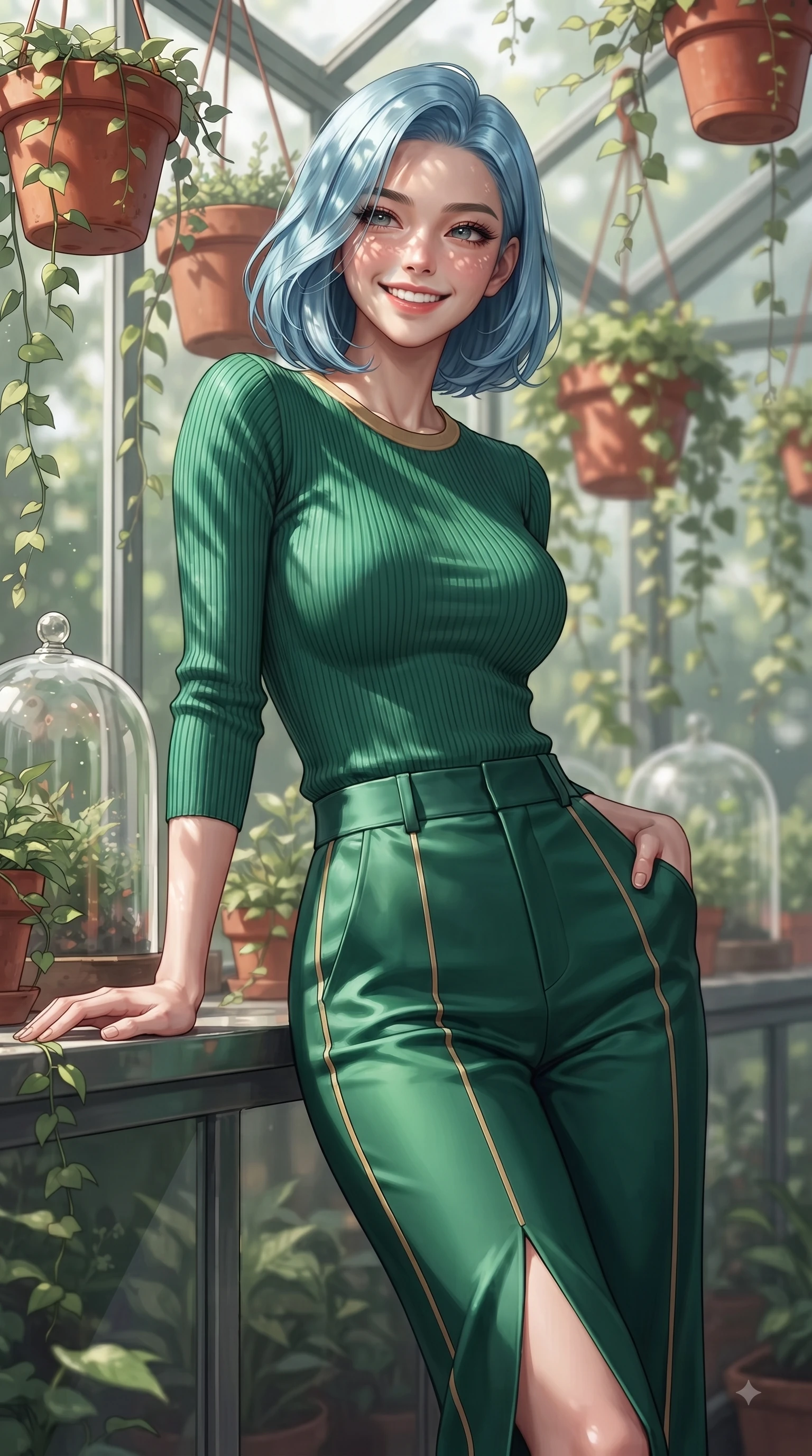 score_9, masterpiece, best quality, ultra-detailed, high-budget anime keyframe, editorial fashion photography, tasteful artistic composition, Korean woman. close-up cowboy shot from the waist and thighs up, the character dominates the composition, filling the frame with her large presence. Radiant youthful grin reflecting girlhood charm while casting a playful, joyful side-gaze with heavy lashes while leaning against a glass greenhouse wall surrounded by hanging terracotta flower pots. The composition keeps background elements in soft focus with dreamy bokeh. cascading botanical vines and glass dome refractions softened in creamy depth of field. She has an exceptionally elegant, slender, and willowy female figure with an ultra-slim waist, a gracefully sculpted slender torso, and a refined silhouette. sharp v-shaped jawline, high-bridge nose, intricate jewel-like eyes with depth, thick eyelashes, glossy lips with a natural sheen, flawlessly proportioned anatomical accuracy, natural body alignment, perfectly sculpted elegant limbs, clean dynamic posture without body distortion. wearing a form-contouring ribbed knit top paired with high-waisted tailored stretch trousers in bright emerald green and warm gold trim, crafted from smooth liquid silk satin, featuring a sleek side leg slit ascending to mid-thigh, the tailored fabric tightly following every curve of her athletic build. illuminated by fresh botanical sunbeams casting delicate leaf patterns. ultra-reflective glossy finish, specular highlights, metallic sheen, high-contrast stereoscopic depth, volumetric dynamic lighting, 2k, ultra detail, master piece, 9:16 ratio