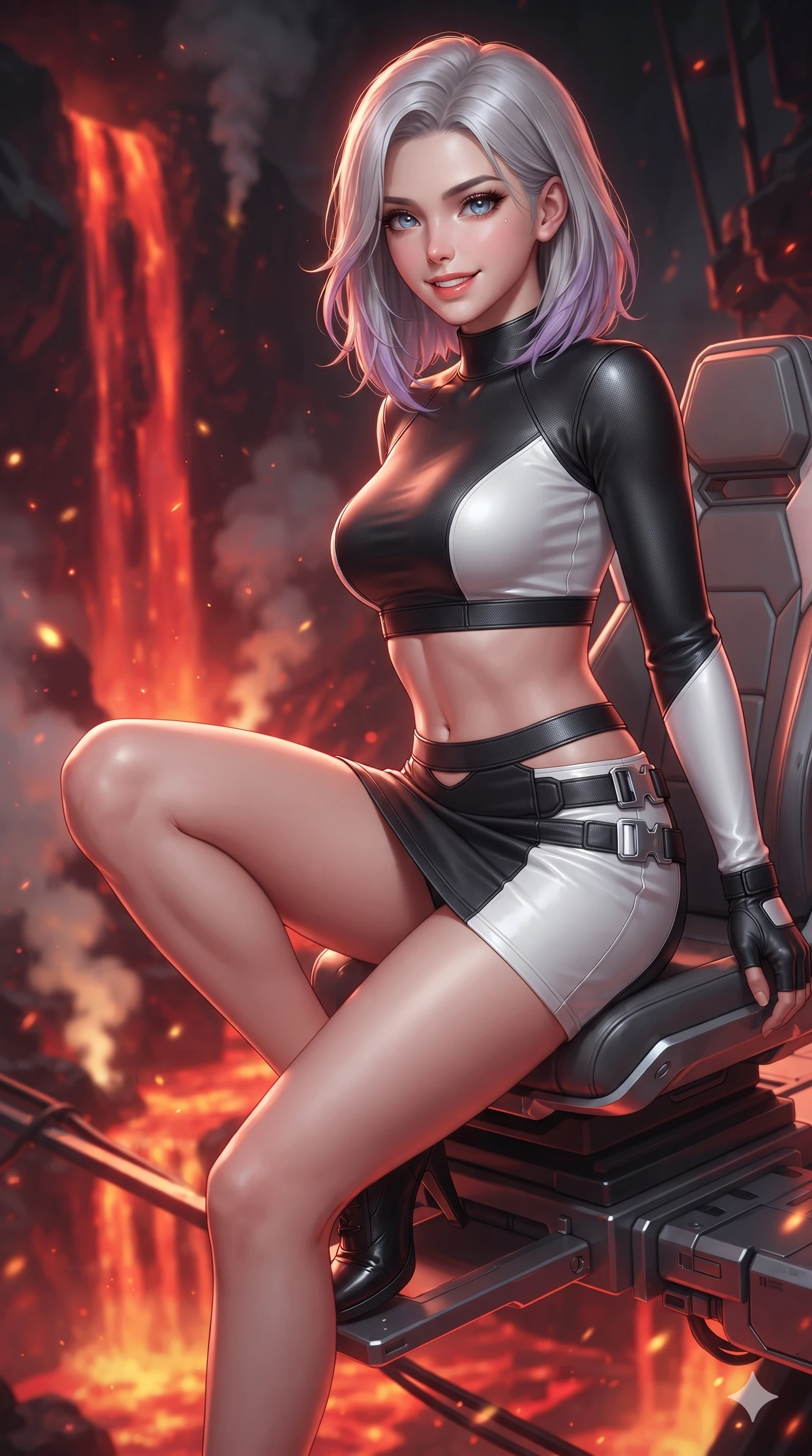 score_9, masterpiece, best quality, ultra-detailed, high-budget anime keyframe, editorial fashion photography, tasteful artistic composition, Caucasian woman. close-up cowboy shot from the waist and thighs up, the character dominates the composition, filling the frame with her large presence. perched sideways on the pilot seat, one knee drawn up to showcase her slender leg line while her arched back accentuates her feminine hip curve while standing poised on the suspended titanium gantry high above a subterranean lava river, arching her back with sovereign grace as liquid magma cascades into the void below. The background shows a soft-focus cascading subterranean magma waterfalls, rising sulfur steam plumes, and glowing ember motes blurred into crimson, vermilion, and gold bokeh. She has an exceptionally elegant, slender, and willowy female figure with an ultra-slim waist, flat toned midriff, narrow ribcage, and sculpted feminine hips creating an alluring, slim hourglass silhouette without bulk. sharp v-shaped jawline, high-bridge nose, intricate jewel-like sparkling eyes with depth, thick eyelashes, glossy parted lips with a natural sheen, bright confident smile with an enchanting and coquettish sensual glint, exuding both youthful magnetic charm and sovereign high-tech allure, flawlessly proportioned anatomical accuracy, strict slender model proportions, natural body alignment, perfectly sculpted long slender limbs, ultra-slim waistline, clean dynamic posture without body distortion. wearing a body-hugging modern carbon-alloy crop top paired with a low-rise tactical skirt and a subtle waist cut-out in dual-tone high-contrast monochrome black and stark white, crafted from lightweight aerodynamic matte carbon-fiber weave with structural stiffness, finished with polished chrome buckle hardware and modular magnetic holster clasps, the glove-like clinging cut tightly following the natural contour of her hips and long slender legs with youthful 8.5-heads elegance. illuminated by magma surface bounce and sharp crimson-gold rim lights defining her razor-sharp jawline, narrow waist, and curvy hips. ultra-reflective glossy finish, specular highlights, rich textural contrasts, high-contrast stereoscopic depth, volumetric dynamic lighting, 2k, ultra detail, master piece, 9:16 ratio