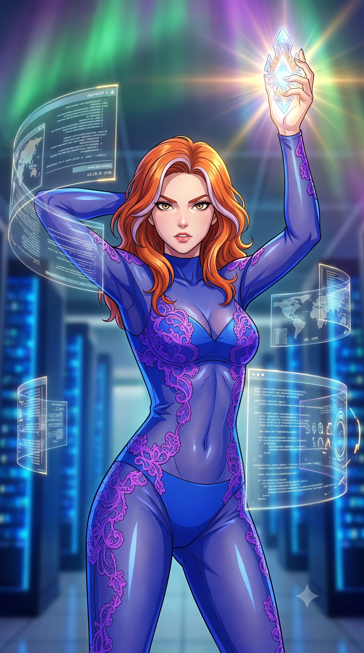 score_9, masterpiece, best quality, ultra-detailed, high-budget anime keyframe, clean line-art, cel-shading, Caucasian woman, strictly human ears. close-up cowboy shot from the waist and thighs up, the character dominates the composition, filling the frame with her large presence, background elements kept in soft focus. Holding a glowing relic aloft with a triumphant, commanding expression. set against a soft-focus background of a server room with towering pillars of blue data lights, where holographic projections of code and maps spin in the air. She has an exceptionally elegant and slender, willowy female figure with an ultra-slim waist, a gracefully sculpted slender torso, and a refined slim physique. sharp v-shaped jawline, high-bridge nose, intricate jewel-like eyes with depth, thick eyelashes, glossy lips with a natural sheen. wearing catching and diffusing the glowing particles, shimmering softly in response to the surrounding light, a tailored see-through mesh catsuit in royal blue, detailed with vibrant violet lace applique over a matching blue underlayer. illuminated by a shifting aurora palette of green violet and gold from above. highly saturated vibrant anime colors, intense vivid color palette, volumetric dynamic lighting, 2k, ultra detail, master piece, 9:16 ratio