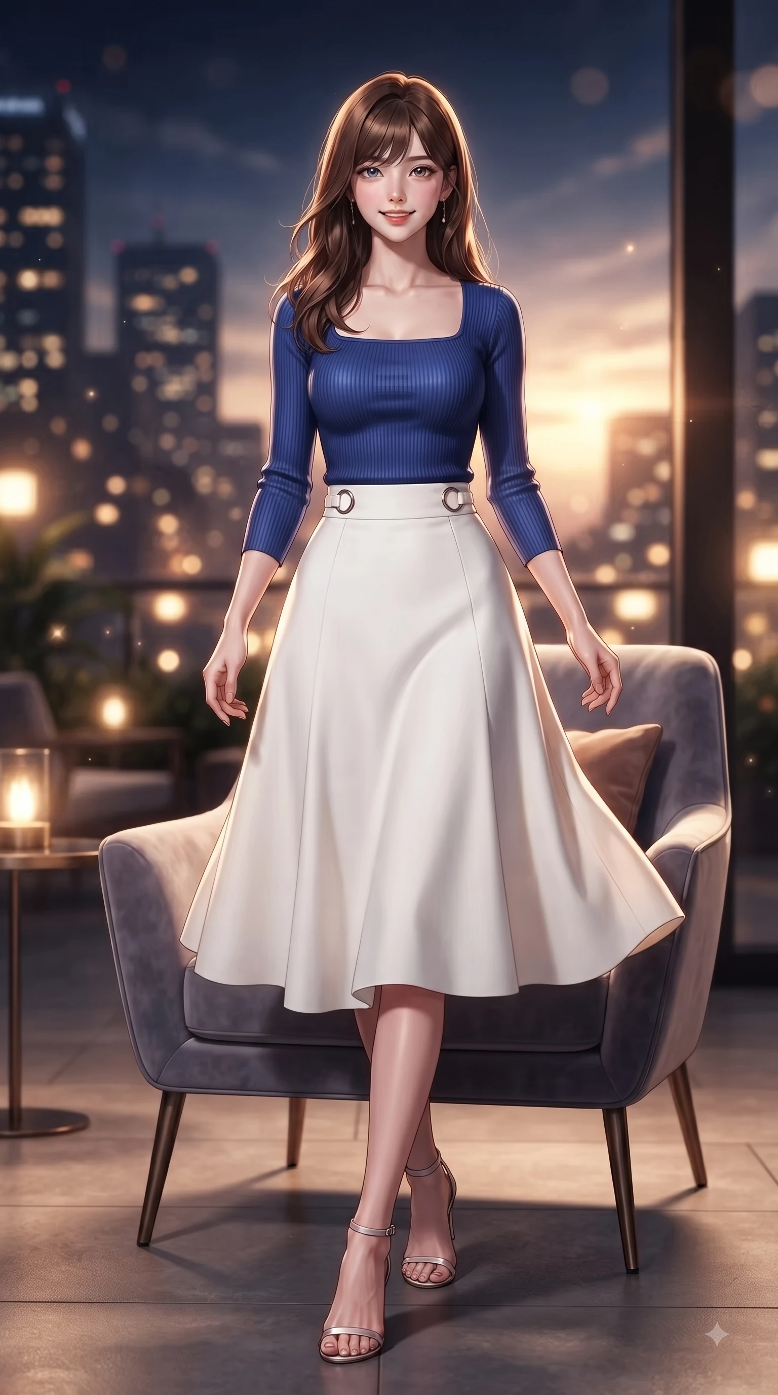 score_9, masterpiece, best quality, ultra-detailed, high-budget anime keyframe, editorial fashion photography, tasteful artistic composition, Korean woman. low angle full-body shot from head to toe showing her feet, filling the entire 9:16 vertical frame with her statuesque presence, stretching her vertical silhouette. stepping forward gracefully in mid-motion with a delighted cute expression, displaying her statuesque model proportions while lounging in a plush designer chair under warm ambient outdoor terrace lights. The composition keeps background elements in soft focus with dreamy bokeh. twinkling city tower lights and glowing sunset sky blurred into sparkling urban bokeh. She has an absolutely perfect, statuesque 8.5-heads proportion, an exceptionally tall and slender model-like female figure with impossibly long slender legs and an ultra-slim waist. sharp v-shaped jawline, high-bridge nose, intricate jewel-like eyes with depth, thick eyelashes, glossy lips with a natural sheen, flawlessly proportioned anatomical accuracy, natural body alignment, perfectly sculpted elegant limbs, clean dynamic posture without body distortion. wearing a chic square-neck ribbed top paired with a flowing A-line midi skirt in vibrant cobalt blue and crisp snow white, tailored from fine wool crepe with clean lines, accented with subtle metallic ring hardware framing her waist, the sleek second-skin texture accentuating her magnetic presence. surrounded by a sophisticated, glamorous, and modern nightlife aura. ultra-reflective glossy finish, specular highlights, metallic sheen, high-contrast stereoscopic depth, volumetric dynamic lighting, 2k, ultra detail, master piece, 9:16 ratio