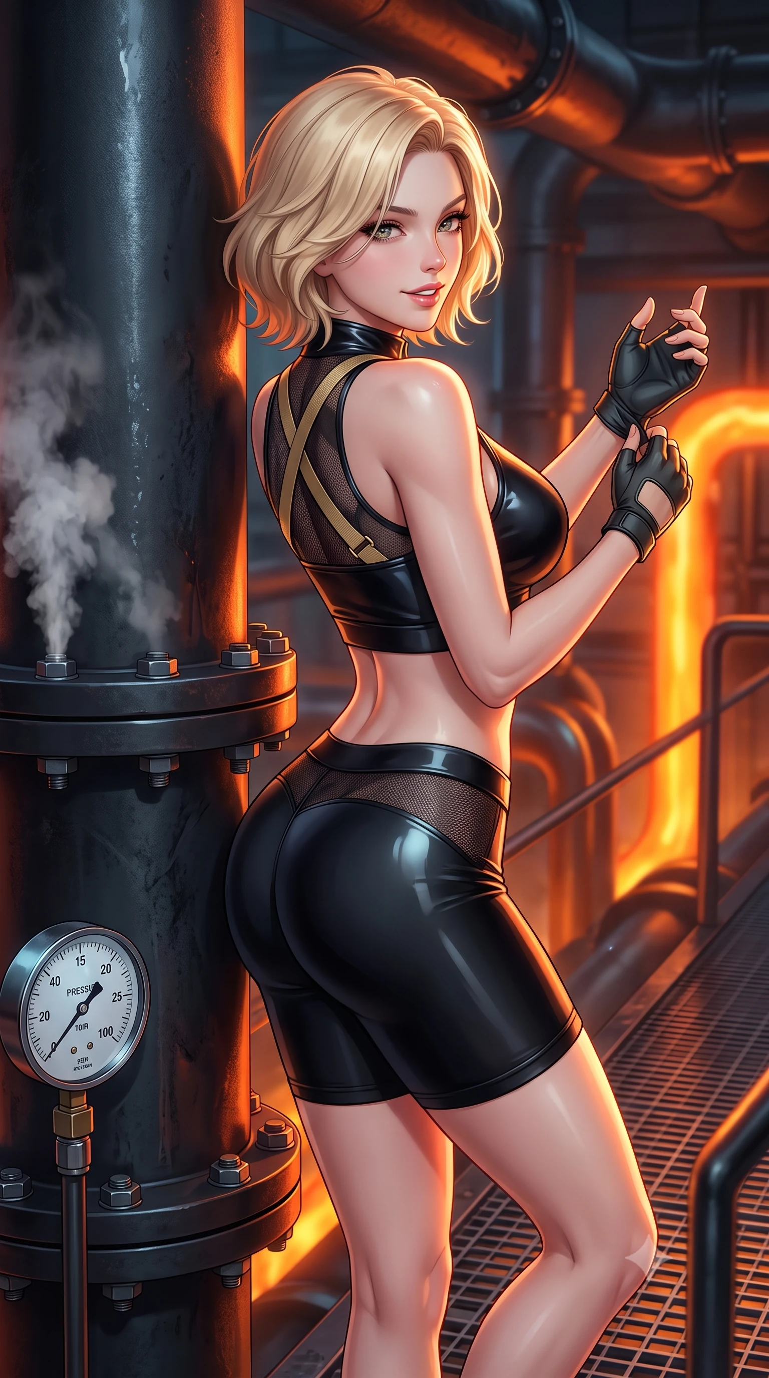 score_9, masterpiece, best quality, ultra-detailed, high-budget anime keyframe, semi-realistic 3D game render, editorial fashion photography, tasteful artistic composition, Caucasian woman. close-up cowboy shot from the waist and thighs up, the character dominates the composition, filling the frame with her large presence. adjusting her tactical glove with cool confidence, her bright smile capturing fresh girlhood charm while her arched torso reveals an intoxicating hip contour while leaning against a massive steam-venting pipe with hips cocked back, looking over a bare shoulder with an alluring, fiery bedroom-gaze. The surrounding environment is rendered in vivid detail and crisp panoramic clarity: sharp heavy pipe flange bolts, steel catwalk grating textures, and steam pressure dial clarity in deep focus. She has an exceptionally elegant, slender, and willowy female figure with an ultra-slim waist, flat toned midriff, narrow ribcage, and sculpted feminine hips creating an alluring, slim hourglass silhouette without bulk. sharp v-shaped jawline, high-bridge nose, intricate jewel-like sparkling eyes with depth, thick eyelashes, glossy parted lips with a natural sheen, bright confident smile with an enchanting and coquettish sensual glint, exuding both youthful magnetic charm and sovereign high-tech allure, flawlessly proportioned anatomical accuracy, strict slender model proportions, natural body alignment, perfectly sculpted long slender limbs, ultra-slim waistline, clean dynamic posture without body distortion. wearing a sleek two-piece combat athletic set with a zip-front mock-neck crop top and contouring biker shorts hugging her curvy hips in glossy onyx black and warm champagne gold hardware, crafted from sheer technical cyber-lace reinforced with ultra-thin Kevlar threads, finished with criss-cross Kevlar tactical straps tracing her graceful shoulder blades, the form-fitting tactical tailoring adhering flawlessly to her sculpted flat midriff and slender torso, emphasizing her long leg lines and perfectly proportioned willowy build. bathed in dynamic fiery orange and molten amber glow from geothermal pipes contrasting with cool shadows. highly saturated vibrant anime colors, detailed shading with soft gradients, rich glossy textures, high-contrast stereoscopic depth, volumetric dynamic lighting, master piece, 9:16 ratio