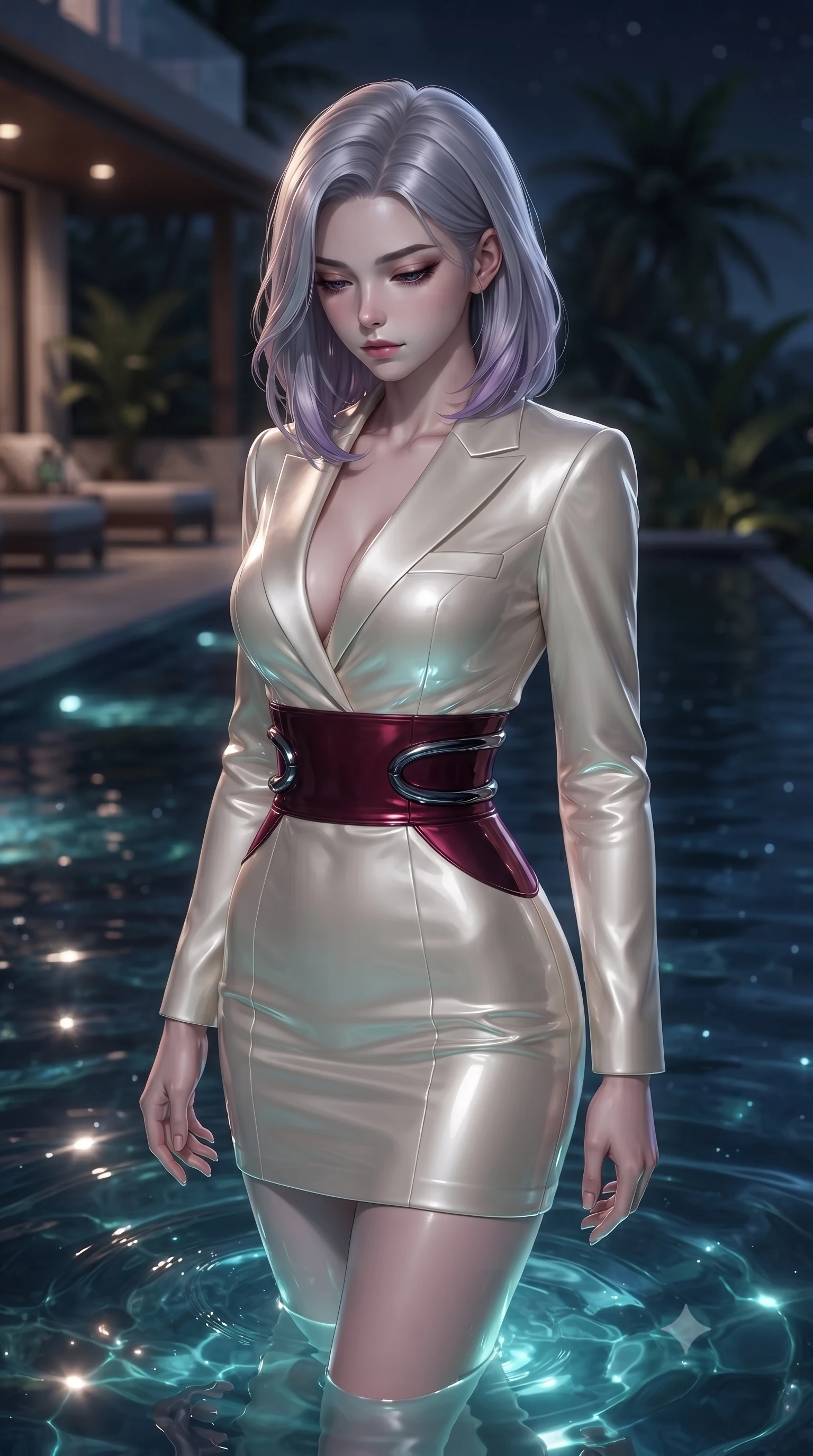 score_9, masterpiece, best quality, ultra-detailed, high-budget anime keyframe, editorial fashion photography, tasteful artistic composition, Caucasian woman. close-up cowboy shot from the waist and thighs up, the character dominates the composition, filling the frame with her large presence, background elements kept in soft focus. Looking down with lowered lashes and a composed, powerful dark aura, standing gracefully in a secluded private infinity pool at a high-end villa at 3 AM, starlight reflections glinting dynamically on the crystal-clear pool surface. She has an exceptionally elegant, slender, and willowy female figure with an ultra-slim waist, a gracefully sculpted slender torso, and a refined silhouette. sharp v-shaped jawline, high-bridge nose, intricate jewel-like eyes with depth, thick eyelashes, glossy lips with a natural sheen. wearing tailored ivory tux dress with satin lapels and fitted waist in deep crimson burgundy, made of high-gloss liquid vinyl, accented with sculpted obsidian chrome rings at the waist, highlighting her statuesque proportions and ultra-slim waistline. surrounded by a moody nocturnal ambiance with glowing aqua water highlights. ultra-reflective glossy finish, specular highlights, metallic sheen, high-contrast stereoscopic depth, volumetric dynamic lighting, 2k, ultra detail, master piece, 9:16 ratio