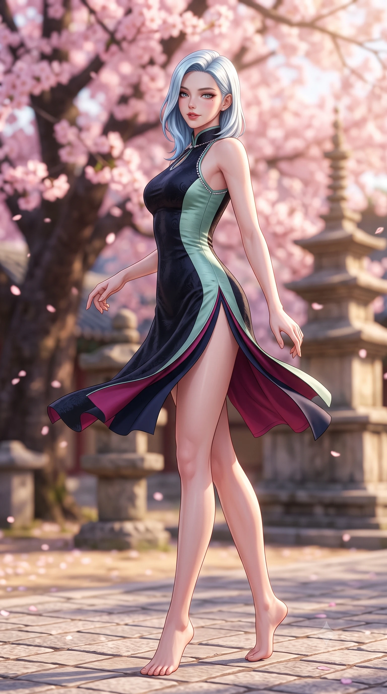 score_9, masterpiece, best quality, ultra-detailed, high-budget anime keyframe, semi-realistic 3D game render, editorial fashion photography, tasteful artistic composition, Korean woman. low angle full-body shot from head to toe showing her feet, filling the entire 9:16 vertical frame with her statuesque presence, stretching her vertical silhouette. executing a graceful dancer pivot turn as her layered silk chima skirt flutters around her slender legs, glancing over her shoulder with an intoxicating bedroom-gaze while twisting her slender torso in an alluring S-curve in the spring breeze, her form-fitting modern kimono tracing her narrow waist and hips. The background shows a soft-focus drifting pink cherry blossoms from a massive blooming tree and historic temple stone pagodas blurred into sakura pink, honey, and charcoal bokeh. She has an absolutely perfect, statuesque 8.5-heads proportion, an exceptionally tall and slender model-like female figure with impossibly long slender legs, an ultra-slim waist, a flat toned midriff, narrow delicate ribcage, and beautifully sculpted feminine hips creating a graceful, slim hourglass silhouette without any bulky heaviness. sharp v-shaped jawline, high-bridge nose, intricate jewel-like dark sparkling almond eyes with depth, thick lashes, glossy parted lips with a natural rose-plum sheen, bright alluring and coquettish smile with bedroom-eyes, exuding both timeless oriental elegance and sovereign high-fashion allure, flawlessly proportioned anatomical accuracy, strict slender model proportions, natural body alignment, perfectly sculpted long slender limbs, ultra-slim waistline, clean dynamic posture without body distortion. wearing a form-contouring high-neck modern cheongsam mini dress in midnight black jacquard silk with daring double side hip slits in deep lotus magenta and matte midnight navy, tailored from smooth celadon raw silk with natural organic slub texture, finished with subtle crystal rhinestones tracing the elegant neckline, the high-waisted wrap tailoring accentuating her ultra-slim waistline and the enchanting curve of her feminine hips with alluring oriental charm. bathed in warm, soft spring afternoon sunlight filtering through pink blossom branches. highly saturated vibrant anime colors, detailed shading with soft gradients, rich glossy textures, high-contrast stereoscopic depth, volumetric dynamic lighting, master piece, 9:16 ratio