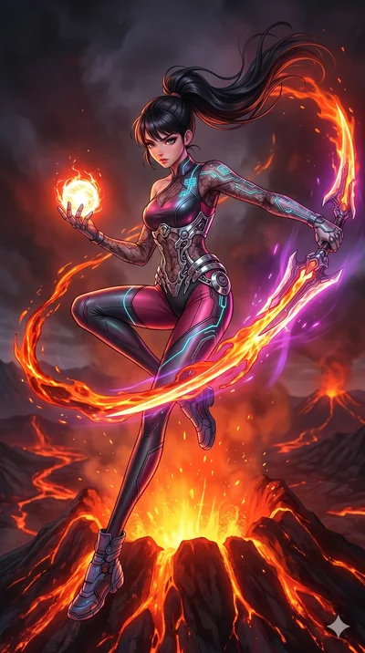 score_9, masterpiece, best quality, ultra-detailed, photorealistic 8k CG, hyper-detailed textures, ray-tracing, Korean woman. Mid-air action shot capturing a graceful twist and vertical silhouette. manipulating the heat of a volcano to forge a new we