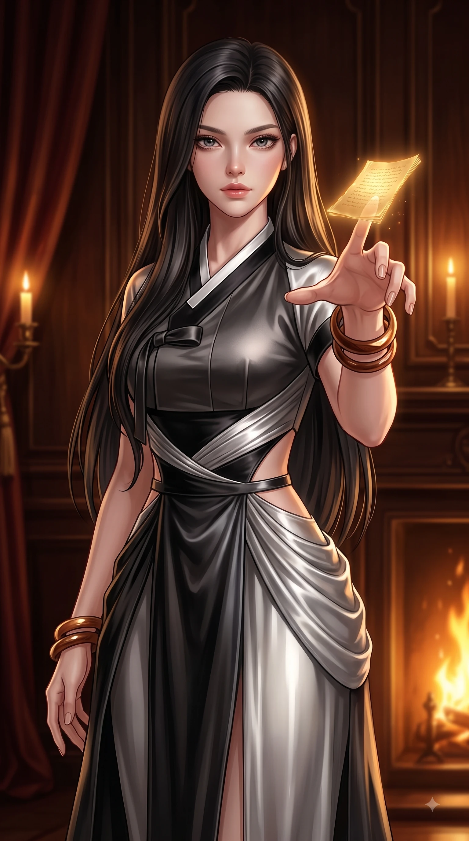 score_9, masterpiece, best quality, ultra-detailed, high-budget anime keyframe, editorial fashion photography, tasteful artistic composition, Korean woman. close-up cowboy shot from the waist and thighs up, the character dominates the composition, filling the frame with her large presence, background elements kept in soft focus. Reaching one arm gracefully toward the camera with magnetic poise, displaying her statuesque silhouette while reaching her hand toward a glowing golden manuscript hovering in mid-air with magnetic poise, rich velvet and polished wood textures reflecting brilliant warm highlights. She has an exceptionally elegant, slender, and willowy female figure with an ultra-slim waist, a gracefully sculpted slender torso, and a refined silhouette. sharp v-shaped jawline, high-bridge nose, intricate jewel-like eyes with depth, thick eyelashes, glossy lips with a natural sheen, flawlessly proportioned anatomical accuracy, natural body alignment, perfectly sculpted elegant limbs, clean dynamic posture without body distortion. wearing a modern fusion silk hanbok dress with a structured bodice and flowing skirt in matte black and polished silver, crafted from lustrous satin jersey with fluid draping, featuring subtle geometric cutouts that highlight her ultra-slim midriff, the form-contouring material highlighting her ultra-slim waist and long lines. bathed in rich amber candlelight and warm golden hearth flame backlighting. ultra-reflective glossy finish, specular highlights, metallic sheen, high-contrast stereoscopic depth, volumetric dynamic lighting, 2k, ultra detail, master piece, 9:16 ratio