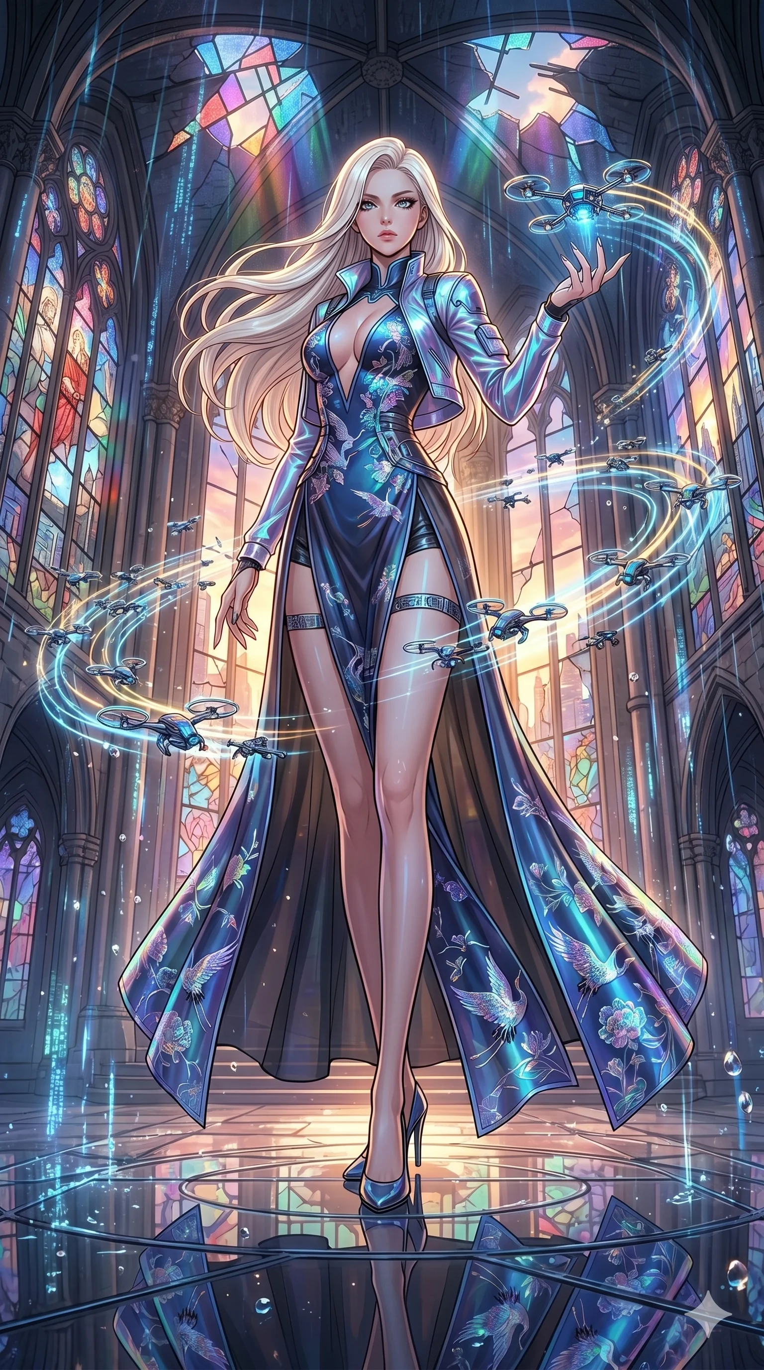score_9, masterpiece, best quality, ultra-detailed, high-budget anime movie keyframe, cinematic anime lighting, intricate line art, Japanese woman. Low angle cowboy shot filling the entire 9:16 frame with her statuesque presence. commanding a drone swarm in a shattered stained glass cathedral with holographic rain. She has an absolutely perfect 8-heads proportion, an exceptionally tall and slender female figure with an ultra-slim waist and impossibly long slender legs. sharp v-shaped jawline, high-bridge nose, intricate jewel-like eyes, thick eyelashes, glossy lips. Wearing modernized deep-plunging silk hanbok-fusion with metallic straps, a high-slit sheer skirt over micro-shorts, and holographic embroidered patterns. The scene is illuminated by dramatic atmospheric lighting and vibrant color palettes. , 2k, ultra detail, master piece, 9:16 ratio