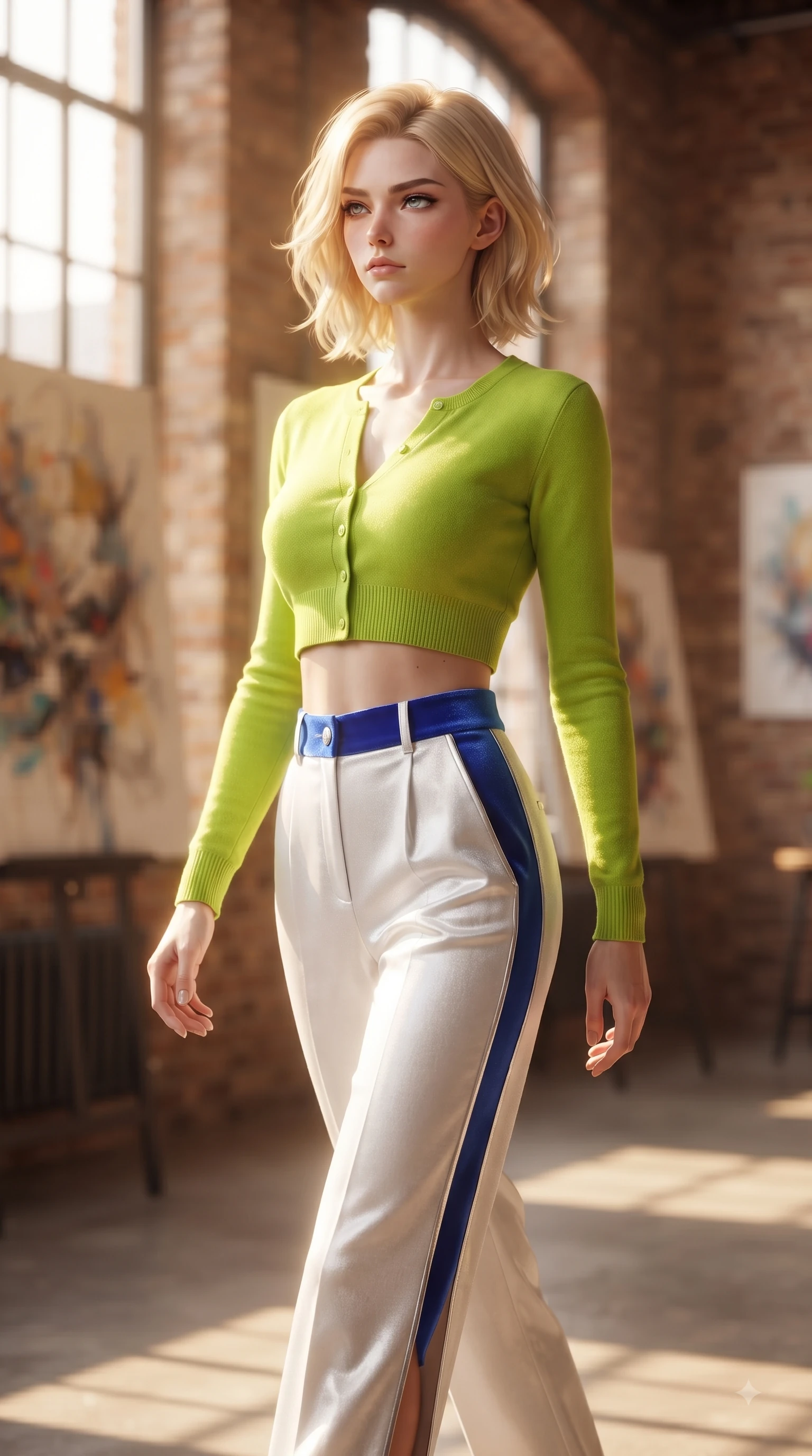 score_9, masterpiece, best quality, ultra-detailed, high-budget anime keyframe, editorial fashion photography, tasteful artistic composition, Caucasian woman. close-up cowboy shot from the waist and thighs up, the character dominates the composition, filling the frame with her large presence. Cool disdainful expression looking past the camera with effortless superiority and a stoic facial line while walking gracefully through a sun-drenched art gallery inside a converted industrial loft. The composition keeps background elements in soft focus with dreamy bokeh. abstract artwork canvases and warm brick gallery walls blurred into cozy industrial bokeh. She has an exceptionally elegant, slender, and willowy female figure with an ultra-slim waist, a gracefully sculpted slender torso, and a refined silhouette. sharp v-shaped jawline, high-bridge nose, intricate jewel-like eyes with depth, thick eyelashes, glossy lips with a natural sheen, flawlessly proportioned anatomical accuracy, natural body alignment, perfectly sculpted elegant limbs, clean dynamic posture without body distortion. wearing a bright lime green cropped cardigan paired with high-waist white linen trousers in electric cobalt blue and polished silver accent, made of premium stretch velvet with a rich glossy sheen, finished with a sleek side slit ascending to mid-thigh, the tailored fit highlighting her statuesque and model-like silhouette. bathed in warm volumetric sunbeams filtering through tall industrial windows. ultra-reflective glossy finish, specular highlights, metallic sheen, high-contrast stereoscopic depth, volumetric dynamic lighting, 2k, ultra detail, master piece, 9:16 ratio