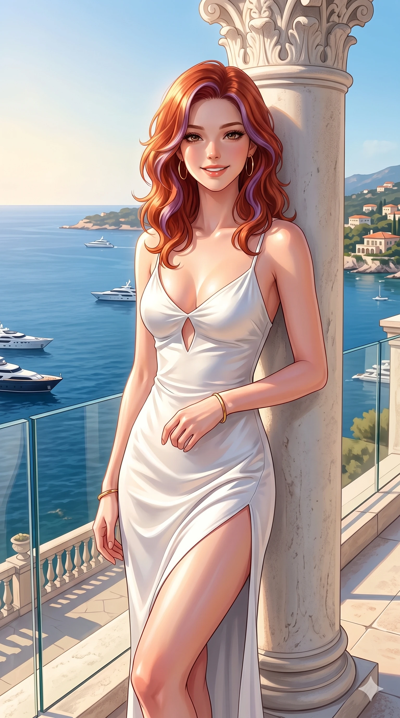 score_9, masterpiece, best quality, ultra-detailed, high-budget anime keyframe, editorial fashion photography, tasteful artistic composition, Caucasian woman, strictly human ears. cowboy shot from the thighs up, character and outfit filling the frame for maximum editorial presence. smiling happily with quiet, magnetic charm, looking directly into the camera leaning against a white stone pillar on a luxury terrace overlooking the bay. She has an absolutely perfect 8-heads proportion, an exceptionally tall and slender female figure with impossibly long slender legs and an ultra-slim waist. V-shaped jawline, high-bridge nose, intricate jewel-like eyes with depth, thick eyelashes, glossy lips with a natural sheen. wearing a pristine white silk slip dress with an elegant chest slit and a high side slit. bathed in brilliant morning sunlight that makes her skin look luminous and glowing. 2k, ultra detail, master piece, 9:16 ratio