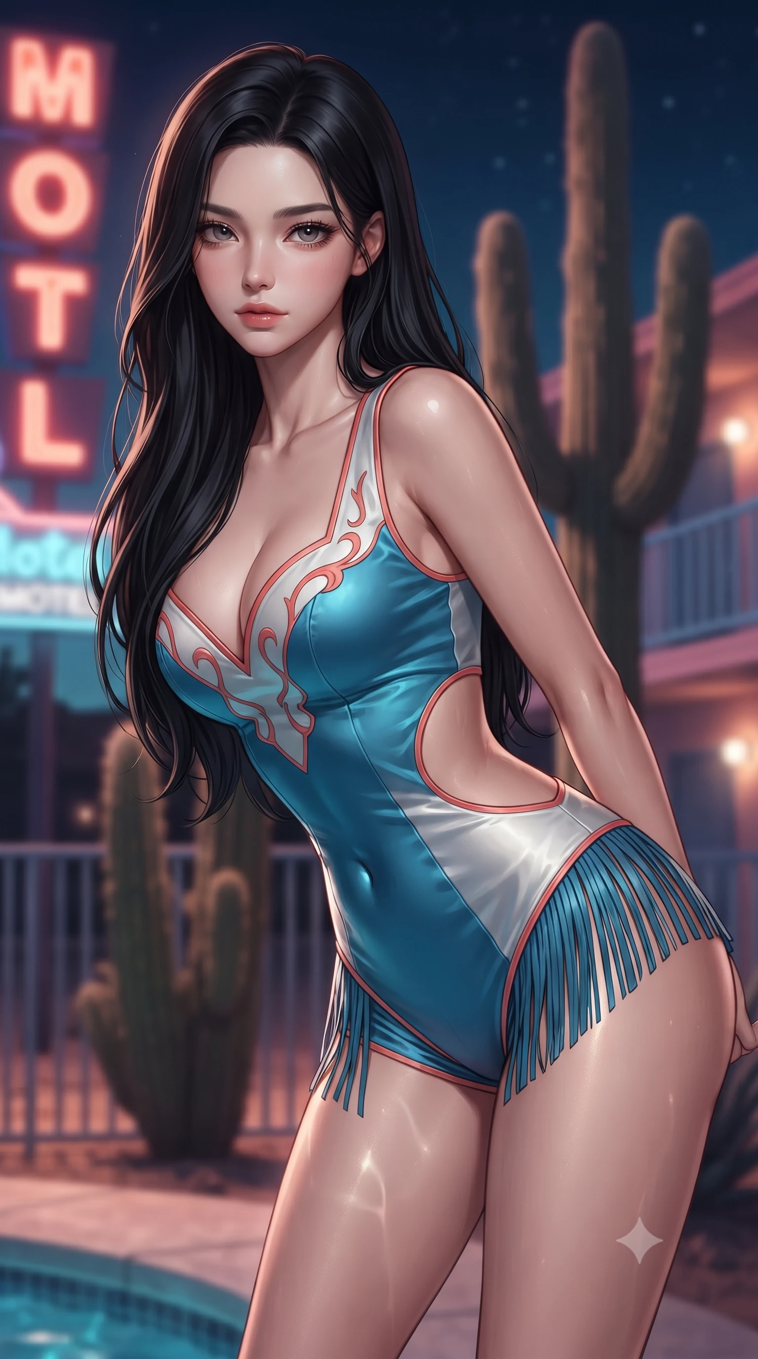 score_9, masterpiece, best quality, ultra-detailed, high-budget anime keyframe, editorial fashion photography, tasteful artistic composition, Korean woman. close-up cowboy shot from the waist and thighs up, the character dominates the composition, filling the frame with her large presence. leaning forward while arching her lower back to accentuate her curvy hips, looking into the camera with an intoxicating smoldering gaze and bedroom-eyes while twisting her slender torso in an alluring contrapposto stance, warm desert night air rustling the towering saguaro cacti behind her. The background shows a soft-focus glowing neon motel sign letters, towering saguaro silhouettes, and motel balcony railings blurred into turquoise, coral, and violet bokeh. She has an exceptionally elegant, slender, and willowy female figure with an ultra-slim waist, flat toned midriff, narrow ribcage, and sculpted feminine hips creating an alluring, slim hourglass silhouette without bulk. sharp v-shaped jawline, high-bridge nose, sparkling eyes with hypnotic seductive depth, thick curled eyelashes, glossy parted lips with a natural dewy peach sheen, alluring bedroom-eyes with an enchanting coquettish smile, exuding magnetic siren charisma and sophisticated glamour, flawlessly proportioned anatomical accuracy, strict slender model proportions, natural body alignment, perfectly sculpted long slender limbs, ultra-slim waistline, clean dynamic posture without body distortion. wearing a deep sweetheart-neckline buckskin bodycon romper with side-hip cutouts accentuating her hourglass curves in Mediterranean cerulean blue and optic white with coral trims, crafted from fluid liquid silk satin that clings smoothly to every curve with a dewy sheen, finished with a delicate leather fringe trim fluttering along her hip line with kinetic charm, the glove-like clinging cut tightly following the natural contour of her hips and long slender legs with youthful 8.5-heads elegance. illuminated by pool water caustic bounce and sharp turquoise rim lights sculpting her jawline, flat midriff, and voluptuous hip curves. ultra-reflective glossy finish, specular highlights, rich textural contrasts, high-contrast stereoscopic depth, volumetric dynamic lighting, 2k, ultra detail, master piece, 9:16 ratio