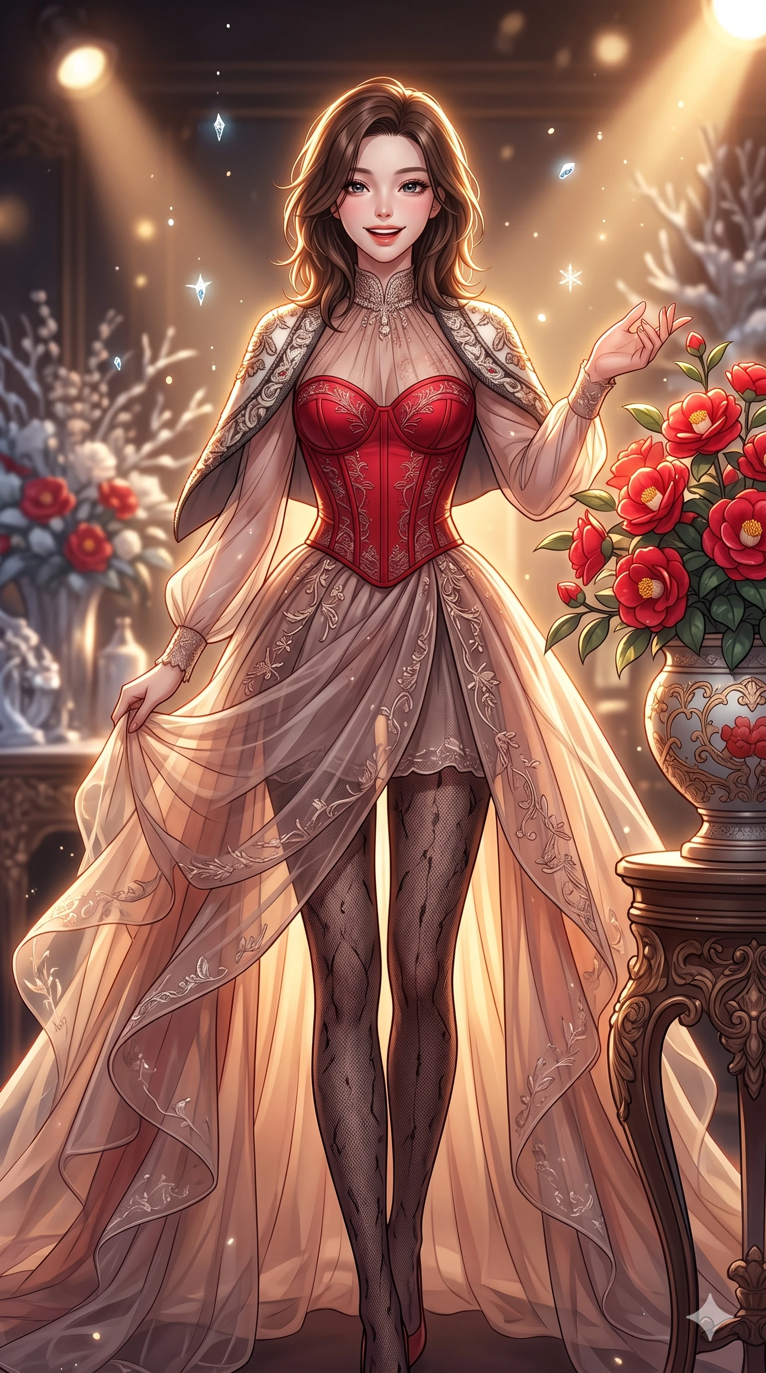 score_9, masterpiece, best quality, ultra-detailed, high-budget anime keyframe, vibrant anime aesthetic, Korean woman. cowboy shot from the thighs up, character and outfit filling the frame for maximum presence. She is standing by a camellia pot, smiling brightly while reaching out a hand in winter inside a high-fashion set with warm spotlight beams (Code-P21-154). She has an absolutely perfect 8-heads proportion, an exceptionally tall and slender female figure with impossibly long slender legs and an ultra-slim waist. V-shaped jawline, high-bridge nose, intricate jewel-like eyes with depth, thick eyelashes, glossy lips with a natural sheen. wearing a sheer chiffon dress with a red corset bodice in winter. She is intense warm winter rim lights, outlining her 8-heads proportion and V-shaped jawline. 2k, ultra detail, master piece, 9:16 ratio