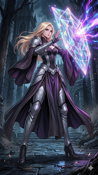 score_9, masterpiece, best quality, ultra-detailed, high-budget anime movie keyframe, cinematic anime lighting, intricate line art, Korean woman. Low angle cowboy shot capturing a powerful motion and statuesque presence. weaving a shield of crystalli