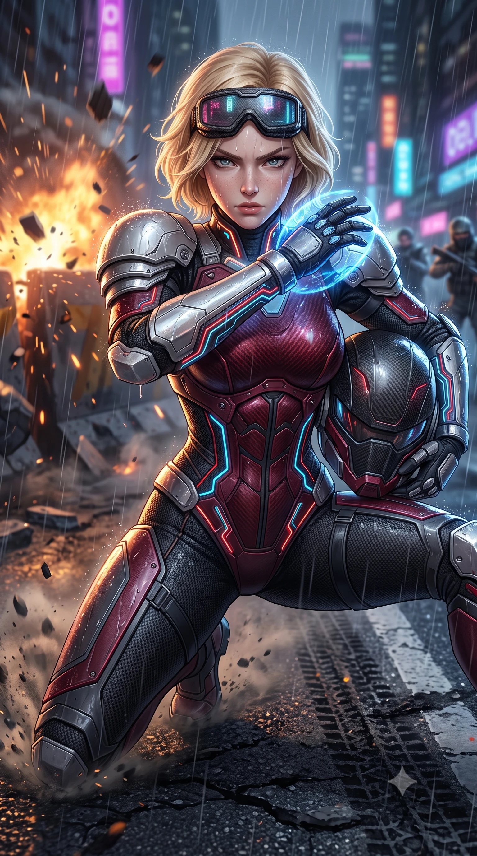score_9, masterpiece, best quality, ultra-detailed, high-budget anime keyframe, semi-realistic 3D game render, editorial fashion photography, tasteful artistic composition, Caucasian woman. close-up cowboy shot from the waist and thighs up, the character dominates the composition, filling the frame with her large presence. shifting into a low cat-stance with arms crossed defensively, glowing energy conduits tracing her ultra-slim waist and sculpted clavicle while sliding into a low defensive slide beneath an exploding barricade with fists wrapped in kinetic shockwave fields. The surrounding environment is rendered in vivid detail and crisp panoramic clarity. sharp goggle lens reflections, glowing neon circuit channels along armor, and charred asphalt grain in deep focus. She has an exceptionally elegant, slender, and willowy female figure with an ultra-slim waist, a gracefully sculpted slender torso, toned flat midriff, and a refined slim silhouette. sharp v-shaped jawline, high-bridge nose, intricate jewel-like eyes with depth, thick eyelashes, glossy lips with a natural sheen, fierce and resolute heroine expression, flawlessly proportioned anatomical accuracy, strict slender model proportions, natural body alignment, perfectly sculpted long slender limbs, ultra-slim waistline, clean dynamic posture without body distortion. holding a modular carbon battle-helmet under one arm, her flawless face and sculpted neck exposed to the rain with determined warrior focus, paired with a statuesque high-fashion cyber-warrior armor suit with platinum bevels, heavy articulated shoulder guards, and an ultra-slim waist-cinching corset in deep battle-scarred crimson carbon weave with specular dark chrome accents, tailored from flexible second-skin ballistic carbon-mesh adhering flawlessly to her athletic build, detailed with kinetic shock-dampening knuckle guards and polished chrome connection joints, the sleek second-skin cut tightly hugging her graceful clavicle, narrow waist, and feminine curves with athletic precision. surrounded by a rebellious, passionate, and fiercely alluring dystopian freedom-fighter aura. rich saturated anime colors with glowing neon highlights, detailed shading with soft gradients, rich glossy textures, high-contrast stereoscopic depth, volumetric dynamic lighting, master piece, 9:16 ratio