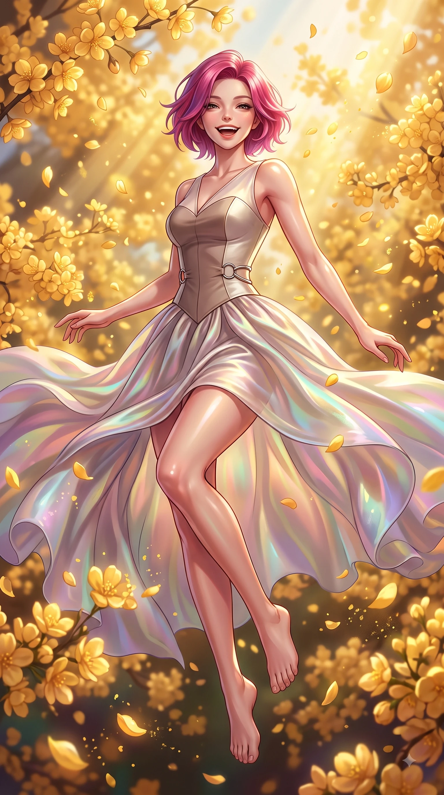 score_9, masterpiece, best quality, ultra-detailed, high-budget anime keyframe, editorial fashion photography, tasteful artistic composition, Caucasian woman. low angle full-body shot from head to toe showing her feet, filling the entire 9:16 vertical frame with her statuesque presence, stretching her vertical silhouette. pivoting dynamically in zero-gravity with a delighted laughing expression, displaying her perfect model proportions while resting playfully among golden blossoms as warm sunbeams illuminate her sparkling eyes, floating flower pollen and yellow petals drifting gracefully in dynamic orbital paths. She has an absolutely perfect, statuesque 8.5-heads proportion, an exceptionally tall and slender model-like female figure with impossibly long slender legs and an ultra-slim waist. sharp v-shaped jawline, high-bridge nose, intricate jewel-like eyes with depth, thick eyelashes, glossy lips with a natural sheen, flawlessly proportioned anatomical accuracy, natural body alignment, perfectly sculpted elegant limbs, clean dynamic posture without body distortion. wearing a modern fusion silk hanbok dress with a structured bodice and flowing skirt in muted taupe and soft ivory, crafted from iridescent chiffon that shifts colors in the light, accented with delicate chrome ring hardware framing her waist, the sleek second-skin texture accentuating her magnetic presence. surrounded by a vibrant, uplifting atmosphere filled with golden radiance. highly saturated vibrant anime colors, detailed shading with soft gradients, rich glossy textures, high-contrast stereoscopic depth, volumetric dynamic lighting, master piece, 9:16 ratio