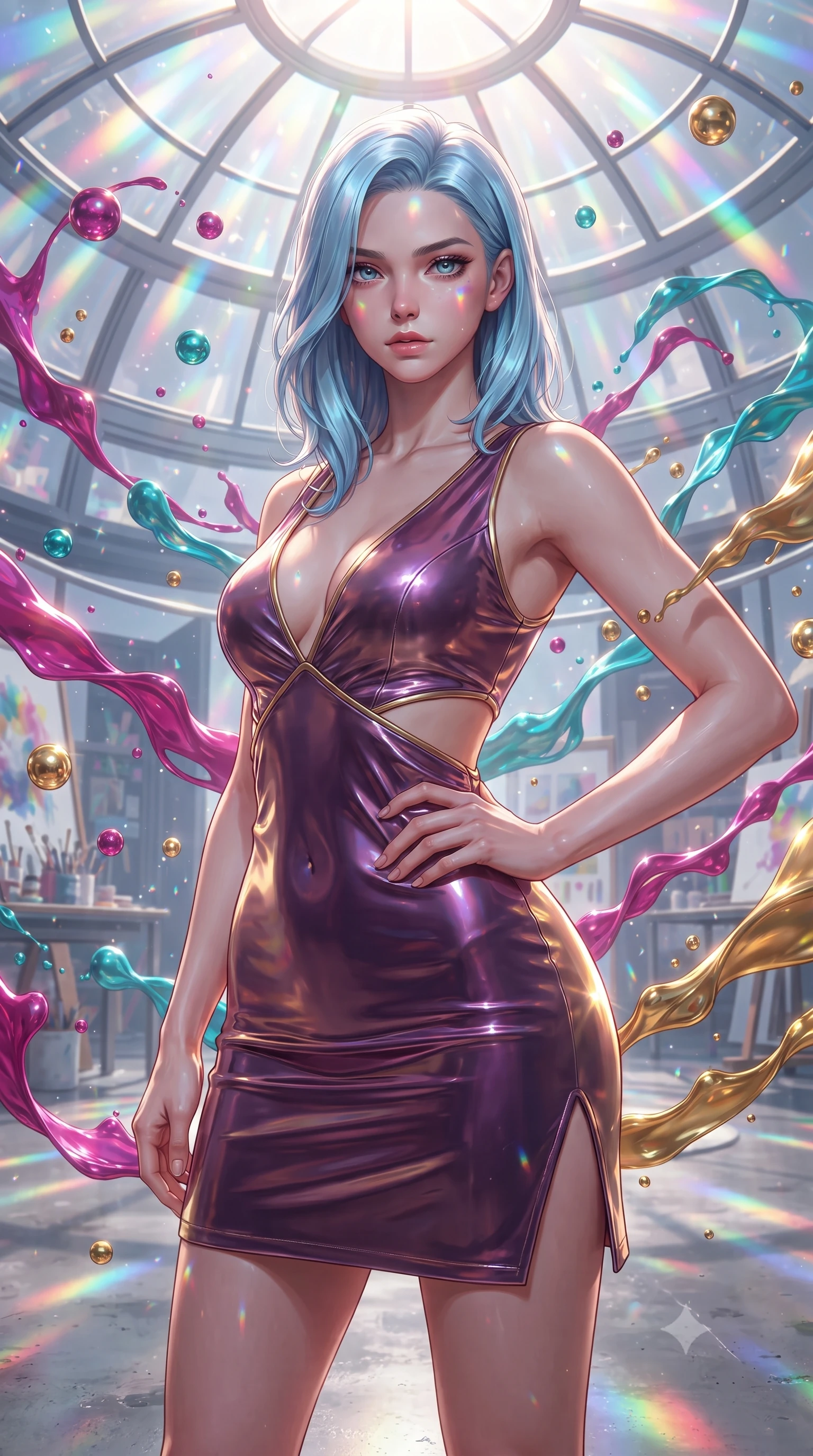 score_9, masterpiece, best quality, ultra-detailed, high-budget anime keyframe, editorial fashion photography, tasteful artistic composition, Korean woman. close-up cowboy shot from the waist and thighs up, the character dominates the composition, filling the frame with her large presence, background elements kept in soft focus. Holding a confident power pose with one hand on her hip, gazing directly into the camera with quiet intensity standing inside a glass-domed art atelier filled with floating liquid paint swirls, swirling ribbons of magenta, turquoise, and gold liquid paint in zero-gravity. She has an exceptionally elegant, slender, and willowy female figure with an ultra-slim waist, a gracefully sculpted slender torso, and a refined silhouette. sharp v-shaped jawline, high-bridge nose, intricate jewel-like eyes with depth, thick eyelashes, glossy lips with a natural sheen. wearing a liquid mercury gloss mini dress with ultra-deep V-neck and waist cutouts in plum purple and gold filigree, made of premium stretch velvet with a rich sheen, finished with a sleek side slit ascending to mid-thigh, the glove-like fit emphasizing her statuesque silhouette. illuminated by brilliant multi-color rainbow light refracting through glass. ultra-reflective glossy finish, specular highlights, metallic sheen, high-contrast stereoscopic depth, volumetric dynamic lighting, 2k, ultra detail, master piece, 9:16 ratio