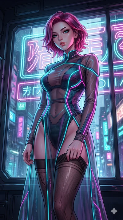 score_9, masterpiece, best quality, ultra-detailed, High-budget Anime Keyframe, East Asian woman. Low angle cowboy shot filling the entire 9:16 frame with her statuesque presence. Scenario 177: Adjusting her thigh-high stocking by a glowing neon wind