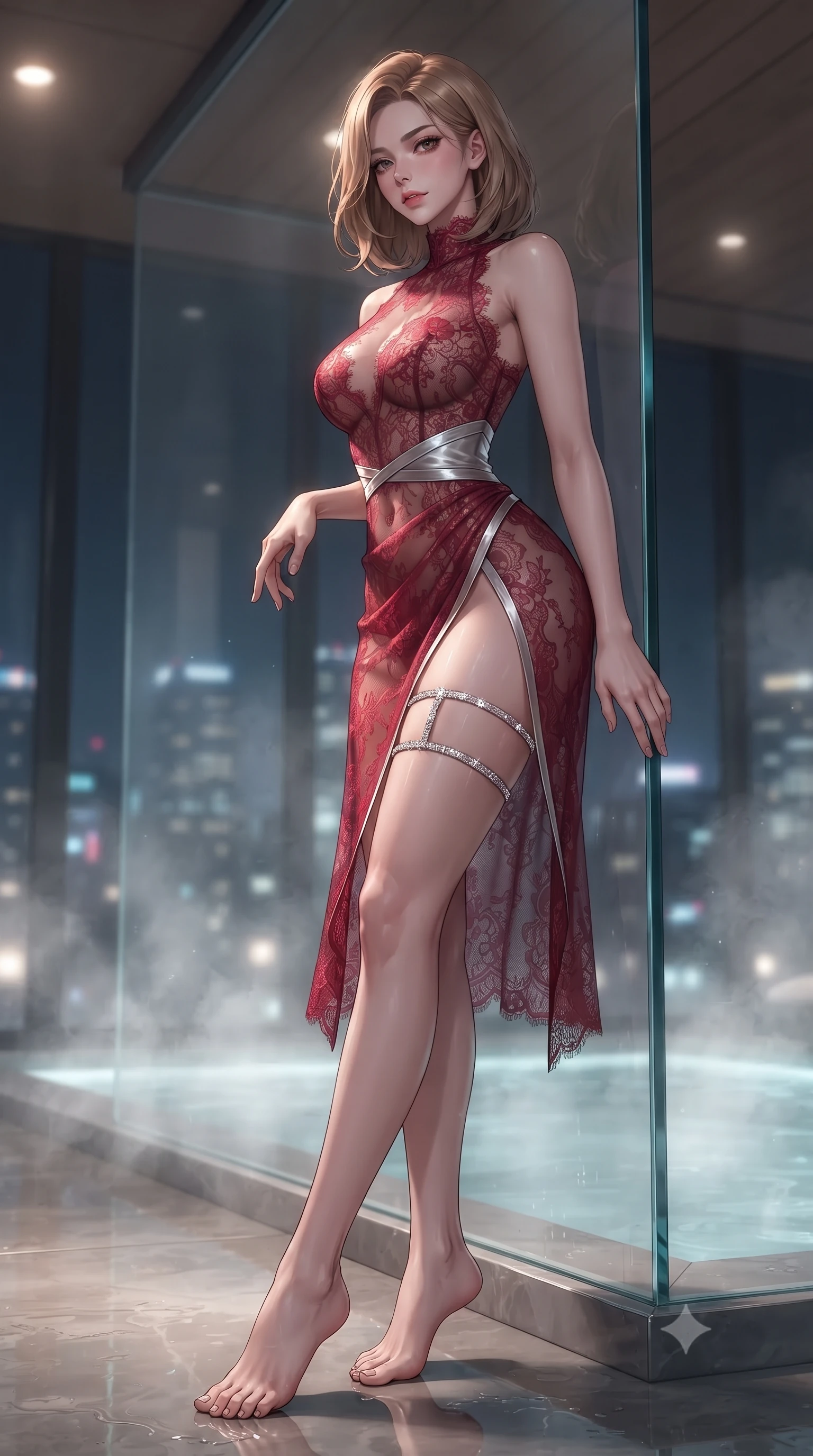 score_9, masterpiece, best quality, ultra-detailed, high-budget anime keyframe, editorial fashion photography, tasteful artistic composition, Korean woman. low angle full-body shot from head to toe showing her feet, filling the entire 9:16 vertical frame with her statuesque presence, stretching her vertical silhouette. stepping slowly toward the camera with hypnotic grace, hips swaying in an alluring sensual rhythm that accentuates her curvy hourglass silhouette and long slender legs while leaning against the sleek frameless glass with hips cocked back, casting an alluring bedroom-gaze over the pulsing Seoul metropolis. The background shows a soft-focus rising thermal bath vapor softened in futuristic Cheongdam luxury shallow focus. She has an exceptionally tall and slender model-like 8.5-heads proportion, an ultra-slim waist, a flat toned midriff, narrow delicate ribcage, and beautifully sculpted feminine hips creating a graceful, slim hourglass silhouette without any bulky heaviness, with impossibly long slender legs. sharp v-shaped jawline, high-bridge nose, intricate jewel-like sparkling eyes with depth, thick eyelashes, glossy parted lips with a natural peach sheen, bright cheerful beaming smile with an enchanting and coquettish sensual glint, exuding both youthful cute charm and seductive allure, flawlessly proportioned anatomical accuracy, strict slender model proportions, natural body alignment, perfectly sculpted long slender limbs, ultra-slim waistline, clean dynamic posture without body distortion. wearing a provocative high-neck sheer illusion cocktail dress with liquid satin ribbons contouring her curves in Venetian baroque ruby red and antique starlight silver, made of delicate semi-sheer French Chantilly lace with intricate eyelash edges, finished with delicate crystal-encrusted thigh garter straps glinting in the dim light, the high-slit wrap tailoring accentuating her ultra-slim waistline and the enchanting curve of her feminine hips with alluring seductive charm. illuminated by tub edge LEDs and sharp platinum-cyan rim lights sculpting her razor-sharp jawline, narrow waist, and curvy hips. ultra-reflective glossy finish, specular highlights, rich textural contrasts, high-contrast stereoscopic depth, volumetric dynamic lighting, 2k, ultra detail, master piece, 9:16 ratio
