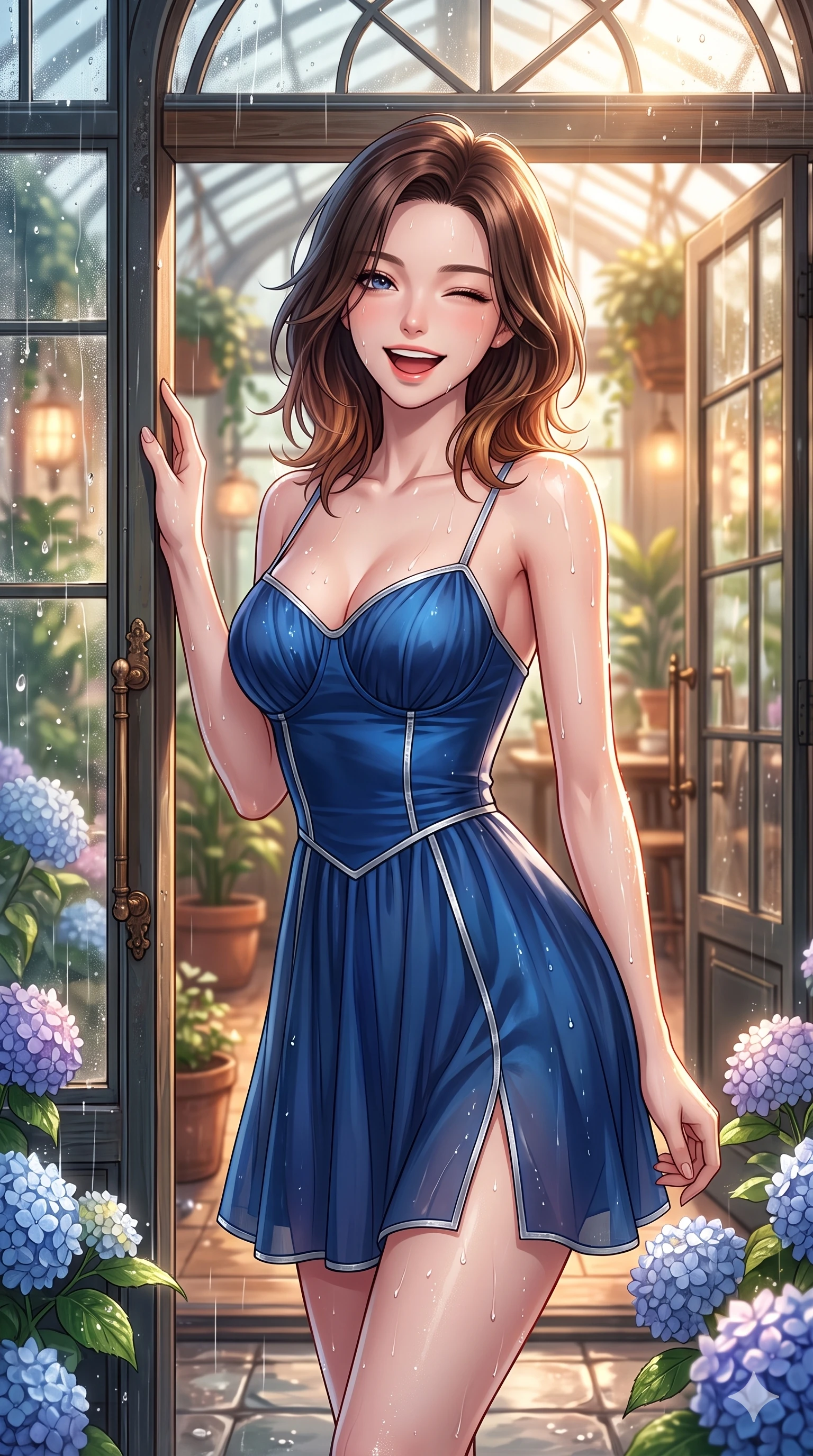 score_9, masterpiece, best quality, ultra-detailed, high-budget anime keyframe, vibrant anime aesthetic, Korean woman. close-up cowboy shot from the waist and thighs up, the character dominates the composition, filling the frame with her large presence, background elements kept in soft focus. She is leaning against a greenhouse frame, winking and laughing happily, her eyes glowing with lively energy with a lively, expressive stance. the background shows a soft-focus botanical conservatory entrance with large glass double doors, surrounded by rain-drenched hydrangeas (Code-P22-144). She has an absolutely perfect proportion, an exceptionally elegant and slender female figure with an ultra-slim waist. V-shaped jawline, high-bridge nose, intricate jewel-like eyes with depth, thick eyelashes, glossy lips with a natural sheen. wearing a delicate chiffon dress featuring a structured satin bodice and refined side vent in sapphire blue and silver trim. She is drenched in bright, warm sun showers, casting sharp highlights on the raindrops, creating a warm, inviting, and atmospheric glow inside the retro conservatory cafe. 2k, ultra detail, master piece, 9:16 ratio
