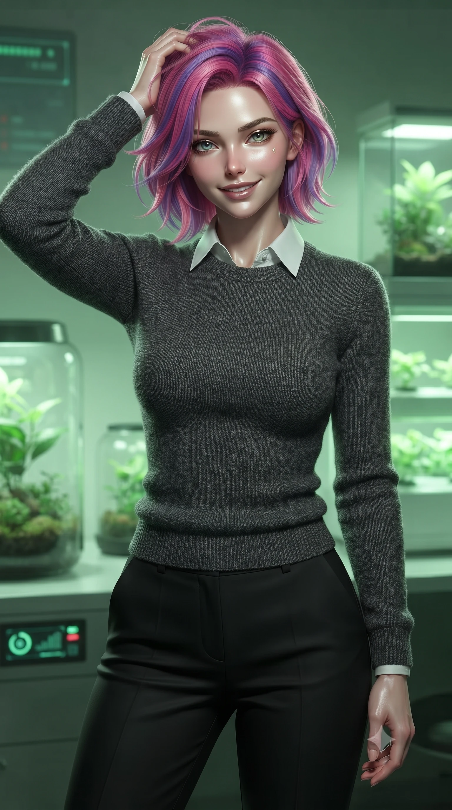 score_9, masterpiece, best quality, ultra-detailed, high-budget anime keyframe, editorial fashion photography, tasteful artistic composition, Caucasian woman. close-up cowboy shot from the waist and thighs up, the character dominates the composition, filling the frame with her large presence, background elements kept in soft focus. smiling with quiet, magnetic self-assurance directly into the camera, running a hand through her hair the background shows a soft-focus a futuristic plant laboratory with glass terrariums and pulsing green indicators. She has an exceptionally elegant, slender, and willowy female figure with an ultra-slim waist, a gracefully sculpted slender torso, and a refined silhouette. sharp v-shaped jawline, high-bridge nose, intricate jewel-like eyes with depth, thick eyelashes, glossy lips with a natural sheen. wearing a body-hugging cozy charcoal grey knit sweater over a white collared shirt and black slacks. soft green glow radiating from the terrariums onto her sharp jawline. ultra-reflective glossy finish, specular highlights, metallic sheen, high-contrast stereoscopic depth, volumetric dynamic lighting, 2k, ultra detail, master piece, 9:16 ratio