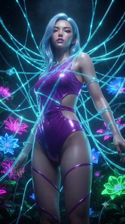 score_9, masterpiece, best quality, ultra-detailed, High-budget Anime Keyframe, editorial fashion photography, tasteful artistic composition, realistic cosplay photography, East Asian woman. Low angle cowboy shot filling the entire 9:16 frame with he