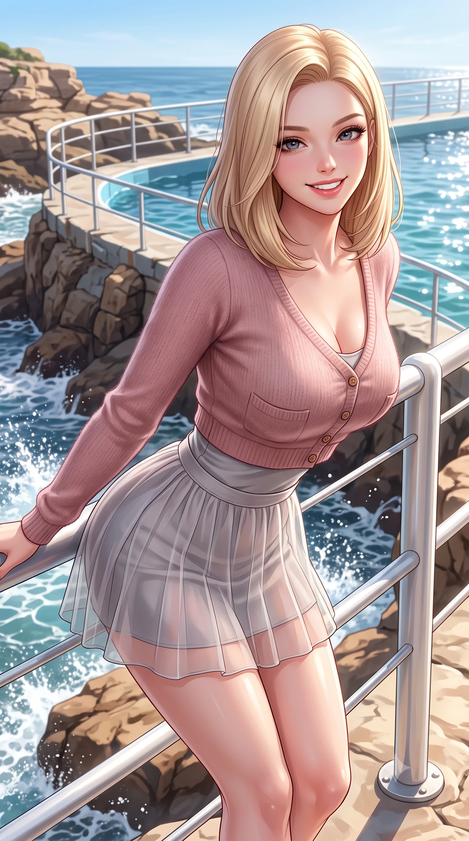score_9, masterpiece, best quality, ultra-detailed, high-budget anime keyframe, semi-realistic 3D game render, editorial fashion photography, tasteful artistic composition, Korean woman. close-up cowboy shot from the waist and thighs up, the character dominates the composition, filling the frame with her large presence. leaning forward with playful cute grace while arching her lower back to accentuate her curvy hips, looking into the camera with a bright cheerful smile and alluring coquettish bedroom-eyes while leaning against the white ocean railing with hips cocked back, looking over her shoulder with playful, athletic bedroom-eyes. The surrounding environment is rendered in vivid detail and crisp panoramic clarity. sharp sandstone rock textures, ocean pool railing details, and sea foam spray caustics in deep focus. She has an exceptionally elegant, slender, and willowy female figure with an ultra-slim waist, flat toned midriff, narrow ribcage, and sculpted feminine hips creating an alluring, slim hourglass silhouette without bulk. sharp v-shaped jawline, high-bridge nose, intricate jewel-like sparkling eyes with depth, thick eyelashes, glossy parted lips with a natural peach sheen, bright cheerful beaming smile with an enchanting and coquettish sensual glint, exuding both youthful cute charm and seductive allure, flawlessly proportioned anatomical accuracy, strict slender model proportions, natural body alignment, perfectly sculpted long slender limbs, ultra-slim waistline, clean dynamic posture without body distortion. wearing a soft angora crop knit sweater with a sheer pleated organza mini skirt over an opaque silk slip in dusty rose and soft dove grey, formed from supple second-skin stretch ribbed knit clinging to her form, finished with neat front wooden buttons and delicate pocket details, the liquid-tight tailored fabric clinging flawlessly to her narrow waist and rounded feminine hips, emphasizing every millimeter of her sculpted slim hourglass curves without any bulky heaviness. illuminated by intense specular sea reflections sharply carving her razor-sharp jawline, narrow waist, and curvy hips. highly saturated vibrant anime colors, detailed shading with soft gradients, rich glossy textures, high-contrast stereoscopic depth, volumetric dynamic lighting, master piece, 9:16 ratio