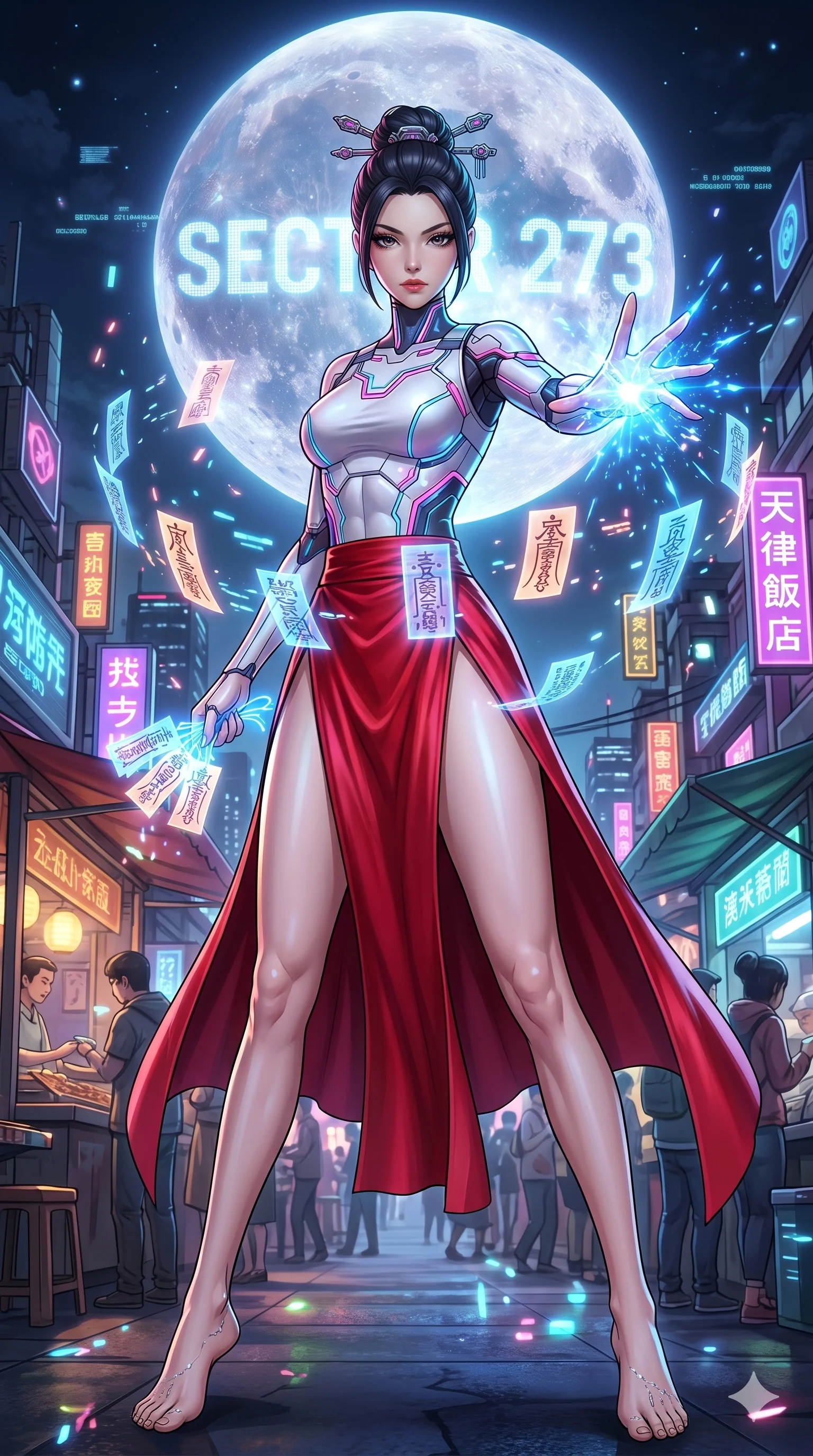 score_9, masterpiece, best quality, ultra-detailed, Set A: High-budget Anime Keyframe, Caucasian (strictly human ears) woman. Low angle cowboy shot filling the entire 9:16 frame with her statuesque presence. Casting a spell through a futuristic night market, with a massive holographic moon rising behind her marked as sector 273 and surrounded by glowing energy sparks. She has an absolutely perfect 8-heads proportion, an exceptionally tall and slender female figure with impossibly long slender legs and an ultra-slim waist. Sharp v-shaped jawline, high-bridge nose, intricate jewel-like eyes with depth, thick eyelashes, glossy lips with a natural sheen. Wearing Cyber-miko outfit with holographic paper charms and a high-slit red silk skirt. Cinematic lighting, vibrant colors, dramatic shadows, 2k, ultra detail, master piece, 9:16 ratio