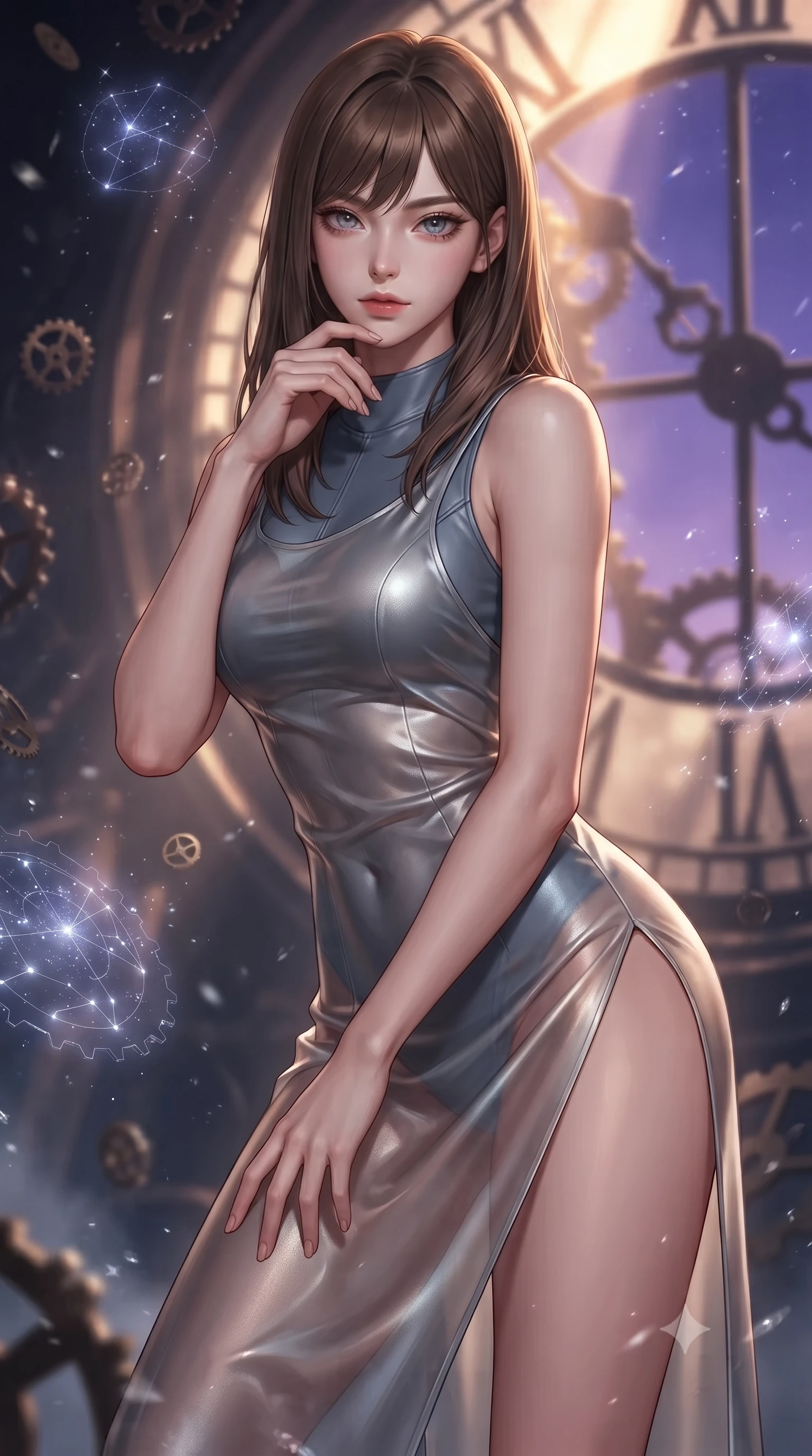 score_9, masterpiece, best quality, ultra-detailed, high-budget anime keyframe, editorial fashion photography, tasteful artistic composition, Korean woman. close-up cowboy shot from the waist and thighs up, the character dominates the composition, filling the frame with her large presence, background elements kept in soft focus. Leaning slightly forward with a composed, seductive gaze under soft glowing light navigating a blizzard of floating analog gear parts and glowing star maps, dramatic twilight amber light streaming through the giant clock window. She has an exceptionally elegant, slender, and willowy female figure with an ultra-slim waist, a gracefully sculpted slender torso, and a refined silhouette. sharp v-shaped jawline, high-bridge nose, intricate jewel-like eyes with depth, thick eyelashes, glossy lips with a natural sheen. wearing a semi-opaque sheer overlay dress over a leather micro-bodysuit in slate blue and metallic silver, crafted from smooth liquid silk, finished with a sleek side slit ascending to mid-thigh, the tailored fabric tightly following every curve of her athletic build. lit by a contrast of deep violet sky and radiant golden mechanical light. ultra-reflective glossy finish, specular highlights, metallic sheen, high-contrast stereoscopic depth, volumetric dynamic lighting, 2k, ultra detail, master piece, 9:16 ratio