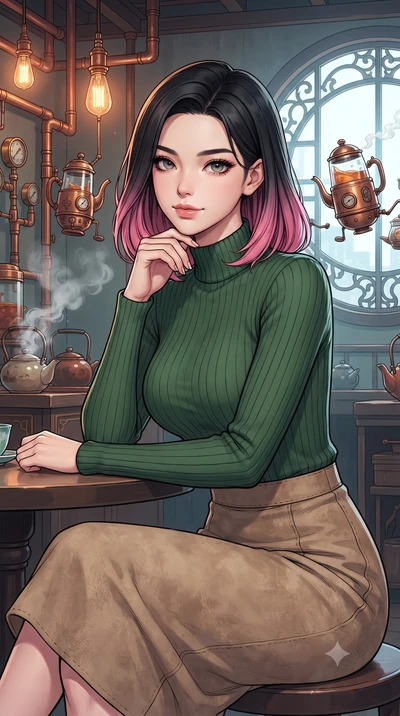 score_9, masterpiece, best quality, ultra-detailed, high-budget anime keyframe, gorgeous anime illustration, with clean line-art and distinct ink outlines, Korean woman. close-up cowboy shot from the waist and thighs up, the character dominates the c