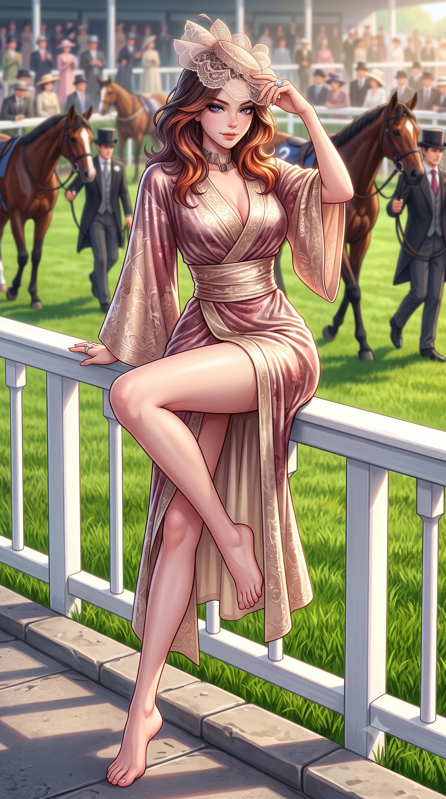 score_9, masterpiece, best quality, ultra-detailed, high-budget anime keyframe, semi-realistic 3D game render, editorial fashion photography, tasteful artistic composition, Korean woman. low angle full-body shot from head to toe showing her feet, filling the entire 9:16 vertical frame with her statuesque presence, stretching her vertical silhouette. sitting perched on the elevated edge with hips angled toward the camera and legs crossed, displaying her toned midriff and flawlessly sculpted slender limbs while leaning against the white-painted turf paddock railing with hips cocked back in a chic high-society stance, lowering her lace fascinator with an alluring smirk. The surrounding environment is rendered in vivid detail and crisp panoramic clarity. brilliant British high-society afternoon chiaroscuro and aristocratic derby glamour aesthetics in precision. She has an exceptionally tall and slender model-like 8.5-heads proportion, an ultra-slim waist, a flat toned midriff, narrow delicate ribcage, and beautifully sculpted feminine hips creating a graceful, slim hourglass silhouette without any bulky heaviness, with impossibly long slender legs. sharp v-shaped jawline, high-bridge nose, intricate jewel-like eyes with depth, thick eyelashes, glossy parted lips with a natural sheen, intensely captivating and seductive bedroom-eyes expression, flawlessly proportioned anatomical accuracy, strict slender model proportions, natural body alignment, perfectly sculpted long slender limbs, ultra-slim waistline, clean dynamic posture without body distortion. wearing a delicate semi-translucent silk yukata that clings to her wet skin and curvy hip contours in dusky blush rose and shimmering champagne shimmer, crafted from heavyweight crushed silk velvet with liquid vintage luster, complemented by a bold geometric choker and sparkling cocktail ring, the liquid-tight tailored fabric clinging flawlessly to her narrow waist and rounded feminine hips, emphasizing every millimeter of her sculpted slim hourglass curves without any bulky heaviness. surrounded by an untouchable, elite, and irresistibly prestigious equestrian heiress aura. highly saturated vibrant anime colors, detailed shading with soft gradients, rich glossy textures, high-contrast stereoscopic depth, volumetric dynamic lighting, master piece, 9:16 ratio
