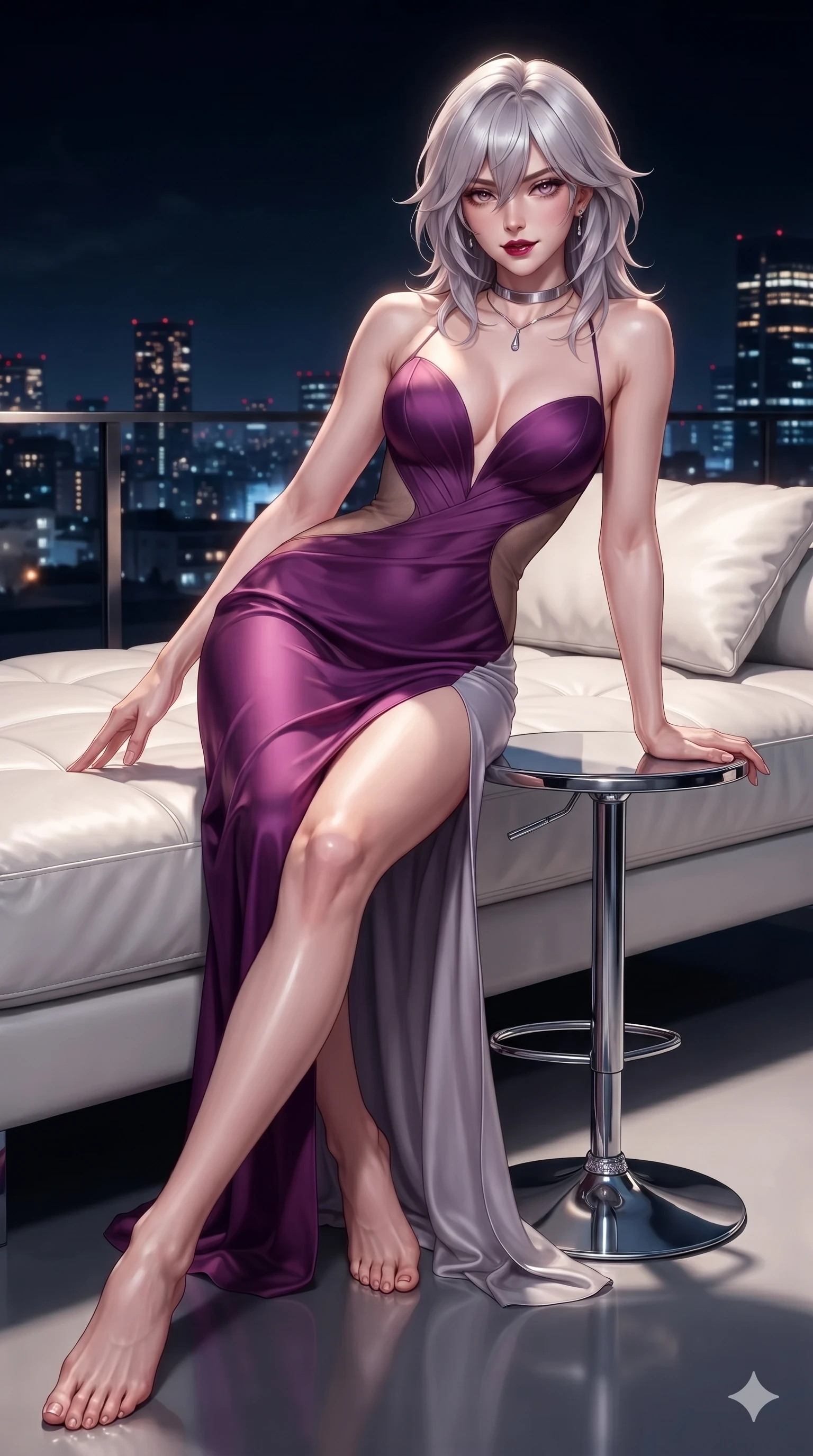 score_9, masterpiece, best quality, ultra-detailed, high-budget anime keyframe, editorial fashion photography, tasteful artistic composition, Japanese woman. low angle full-body shot from head to toe showing her feet, filling the entire 9:16 vertical frame with her statuesque presence, stretching her vertical silhouette. reclining gracefully on an oversized white leather daybed under the open midnight sky, her long slender legs and hourglass curves commanding the frame while twisting her slender torso in an alluring S-curve beside the sleek cocktail perch, midnight city lights reflecting off her flat midriff and hips. The surrounding environment is rendered in vivid detail and crisp panoramic clarity: detailed liquid lamé slip dress cling, hip-high side slit, and monumentally sleek interior architecture in razor-sharp precision. She has an exceptionally tall and slender model-like 8.5-heads proportion, an ultra-slim waist, a flat toned midriff, narrow delicate ribcage, and beautifully sculpted feminine hips creating a graceful, slim hourglass silhouette without any bulky heaviness, with impossibly long slender legs. sharp v-shaped jawline, high-bridge nose, intricate jewel-like dark sparkling eyes with dangerous depth, thick curled eyelashes, glossy parted lips with a rich wine sheen, smoldering seductive half-smile with bedroom-eyes, exuding effortless superiority and intoxicating dark allure, flawlessly proportioned anatomical accuracy, strict slender model proportions, natural body alignment, perfectly sculpted long slender limbs, ultra-slim waistline, clean dynamic posture without body distortion. wearing an alluring plunging sweetheart bodice dress with sheer mesh side-waist cutouts contouring her ribs in royal amaranth purple and liquid platinum, tailored from heavy double-faced silk georgette with an exceptionally fluid drape, finished with a minimalist chrome choker and a single teardrop pendant, the form-contouring cut accentuating her sculpted flat midriff, narrow delicate ribcage, and gracefully curvy hips with intoxicating allure. illuminated by panoramic exterior city light bounce and sharp amber-sapphire rim lights defining her razor-sharp jawline, narrow waist, and curvy hips. ultra-reflective glossy finish, specular highlights, rich textural contrasts, high-contrast stereoscopic depth, volumetric dynamic lighting, 2k, ultra detail, master piece, 9:16 ratio