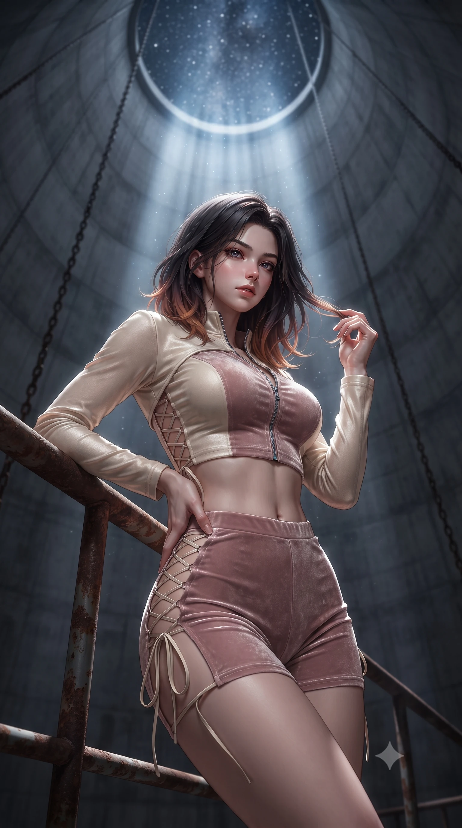 score_9, masterpiece, best quality, ultra-detailed, high-budget anime keyframe, editorial fashion photography, tasteful artistic composition, Korean woman. close-up cowboy shot from the waist and thighs up, the character dominates the composition, filling the frame with her large presence. twisting her slender torso in an alluring contrapposto stance, one hand resting on her sculpted hip while her fingers toy with her hair with effortless poise while leaning against the rusty iron handrail with hips cocked back, looking into the darkness with a smoldering, dangerous bedroom-gaze. The background shows a soft-focus the towering curving concrete walls of the cooling tower, hanging chains, and star-filled circular opening blurred into charcoal, slate, and starlight bokeh. She has an exceptionally elegant, slender, and willowy female figure with an ultra-slim waist, flat toned midriff, narrow ribcage, and sculpted feminine hips creating an alluring, slim hourglass silhouette without bulk. sharp v-shaped jawline, high-bridge nose, sparkling eyes with hypnotic seductive depth, thick curled eyelashes, glossy parted lips with a natural dewy peach sheen, alluring bedroom-eyes with an enchanting coquettish smile, exuding magnetic siren charisma and sophisticated glamour, flawlessly proportioned anatomical accuracy, strict slender model proportions, natural body alignment, perfectly sculpted long slender limbs, ultra-slim waistline, clean dynamic posture without body distortion. wearing a modern two-piece tactical siren set featuring a zip-front bolero jacket and curve-hugging compression hot-pants in powder champagne cream and dusty rose velvet, made of semi-opaque stretch illusion mesh with soft shadowy contours, finished with fine criss-cross lace-up side ties revealing tantalizing glimpses of her hip curve, the liquid-tight tailored fabric clinging flawlessly to her narrow waist and rounded feminine hips, emphasizing every millimeter of her sculpted slim hourglass curves without any bulky heaviness. bathed in a dramatic shaft of celestial starlight and moonlight descending straight down the center of the tower. ultra-reflective glossy finish, specular highlights, rich textural contrasts, high-contrast stereoscopic depth, volumetric dynamic lighting, 2k, ultra detail, master piece, 9:16 ratio