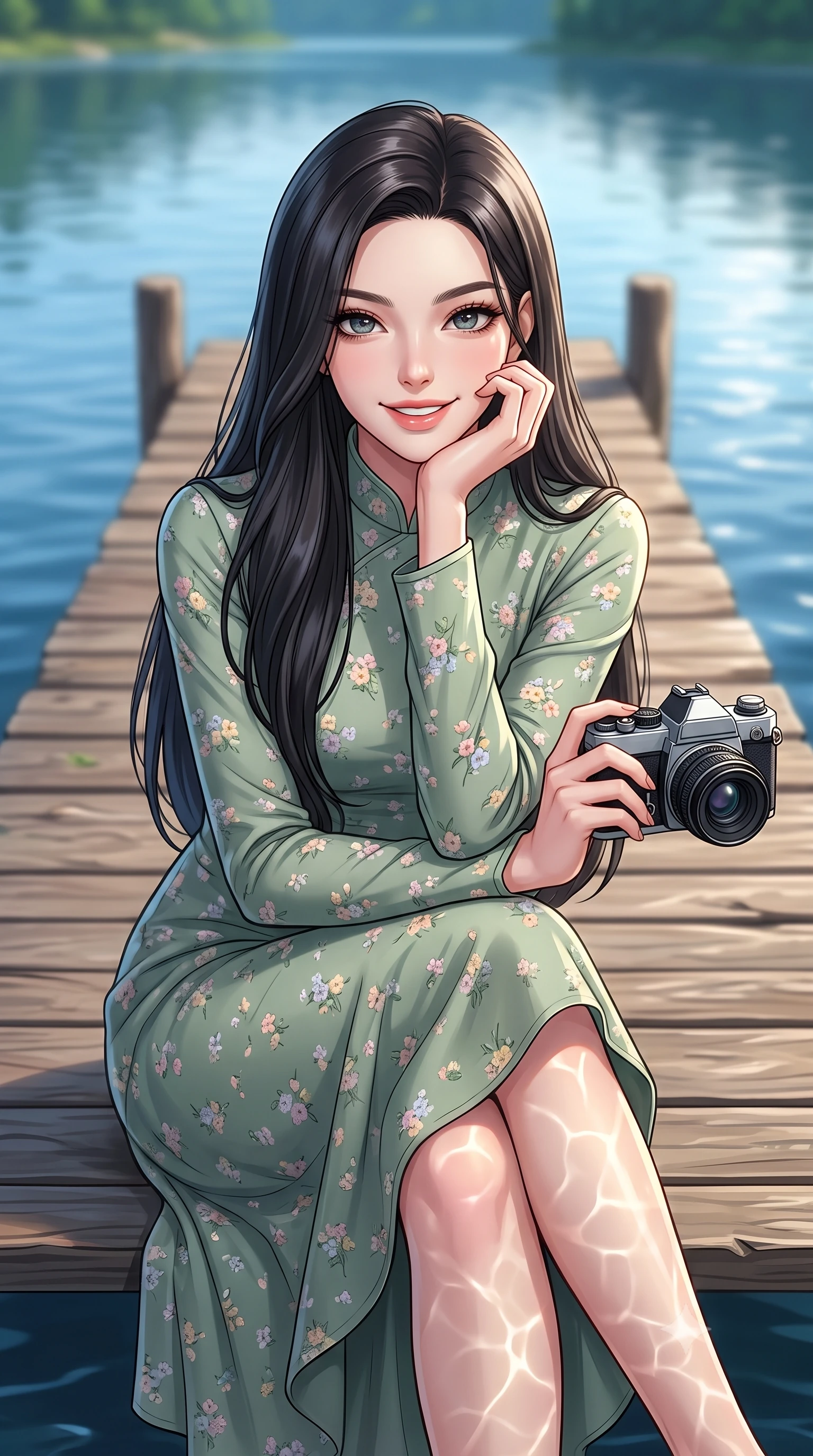 score_9, masterpiece, best quality, ultra-detailed, high-budget anime keyframe, editorial fashion photography, tasteful artistic composition, Korean woman. close-up cowboy shot from the waist and thighs up, the character dominates the composition, filling the frame with her large presence, background elements kept in soft focus. smiling cutely while resting her chin on her hand, looking directly into the lens set against a soft-focus background of on a quiet wooden pier extending into a calm, blue forest lake with a vintage camera in her hand and a warm, cute grin. She has an exceptionally elegant, slender, and willowy female figure with an ultra-slim waist, a gracefully sculpted slender torso, and a refined silhouette. sharp v-shaped jawline, high-bridge nose, intricate jewel-like eyes with depth, thick eyelashes, glossy lips with a natural sheen. wearing slim-fit lovely floral print midi dress in sage green, featuring a high collar and long sleeves. bright daylight reflecting off the water, casting shifting ripples on her skin. highly saturated vibrant anime colors, detailed shading with soft gradients, rich glossy textures, high-contrast stereoscopic depth, volumetric dynamic lighting, master piece, 9:16 ratio