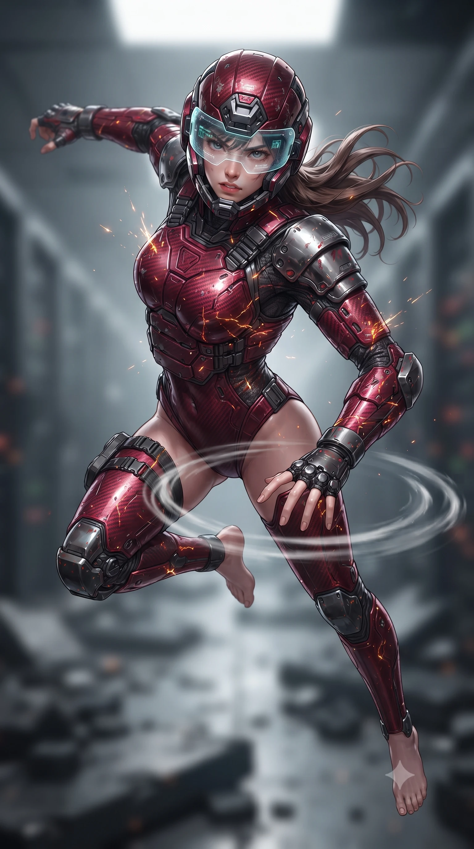 score_9, masterpiece, best quality, ultra-detailed, high-budget anime keyframe, editorial fashion photography, tasteful artistic composition, Korean woman. low angle full-body shot from head to toe showing her feet, filling the entire 9:16 vertical frame with her statuesque presence, stretching her vertical silhouette. leaping into mid-air with an athletic yet alluring arch of her spine, driving a downward kinetic strike surrounded by a ring of displaced air while arching her spine in a fluid zero-gravity recovery leap with arms outstretched as electrical sparks dance across her armor. The composition keeps background elements in soft focus with creamy bokeh. shattered server towers and blackened concrete slabs softened in smooth atmospheric depth of field. She has an absolutely perfect, statuesque 8.5-heads proportion, an exceptionally tall and slender model-like female figure with impossibly long slender legs, a toned flat midriff, and an ultra-slim waist. sharp v-shaped jawline, high-bridge nose, intricate jewel-like eyes with depth, thick eyelashes, glossy lips with a natural sheen, fierce and resolute heroine expression, flawlessly proportioned anatomical accuracy, strict slender model proportions, natural body alignment, perfectly sculpted long slender limbs, ultra-slim waistline, clean dynamic posture without body distortion. wearing an open-face aerodynamic carbon-fiber combat helmet with a retracted transparent holographic HUD visor framing her sharp jawline and jewel-like eyes, paired with a heavy modular carbon-fiber combat cuirass paired with a second-skin tactical leotard and reinforced titanium shoulder pauldrons in deep battle-scarred crimson carbon weave with specular dark chrome accents, tailored from flexible second-skin ballistic carbon-mesh adhering flawlessly to her athletic build, detailed with kinetic shock-dampening knuckle guards and polished chrome connection joints, the liquid-tight tailored fabric emphasizing every curve of her tall, slender model proportions and sculptured silhouette during dynamic movement. surrounded by an electrifying, invincible, and radiantly transcendent dystopian heroine aura. ultra-reflective glossy finish, specular highlights, dark metallic sheen, high-contrast stereoscopic depth, volumetric dynamic lighting, 2k, ultra detail, master piece, 9:16 ratio