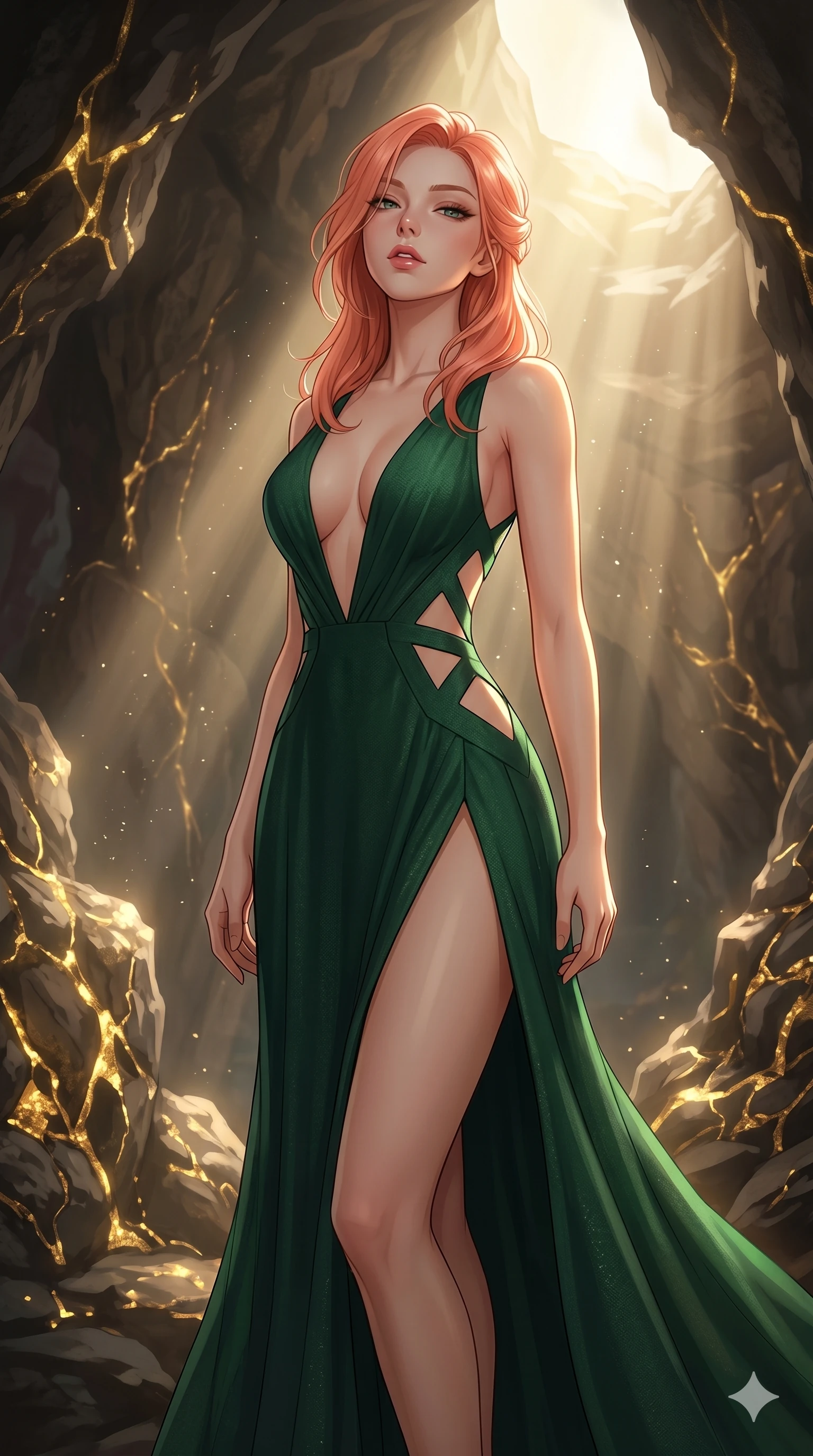 score_9, masterpiece, best quality, ultra-detailed, high-budget anime keyframe, editorial fashion photography, tasteful artistic composition, Japanese woman. cowboy shot from the thighs up, character and outfit filling the frame for maximum editorial presence. tilting her head back slightly with a confident expression, her lips parted in a secret cavern filled with glowing golden mineral veins and dust (Code-P18-130). She has an absolutely perfect 8-heads proportion, an exceptionally tall and slender female figure with impossibly long slender legs and an ultra-slim waist. V-shaped jawline, high-bridge nose, intricate jewel-like eyes with depth, thick eyelashes, glossy lips with a natural sheen. wearing a high-slit gown with plunging neck and side cutouts. drenched in soft morning sunbeams flowing from a high window, creating a serene mood. 2k, ultra detail, master piece, 9:16 ratio