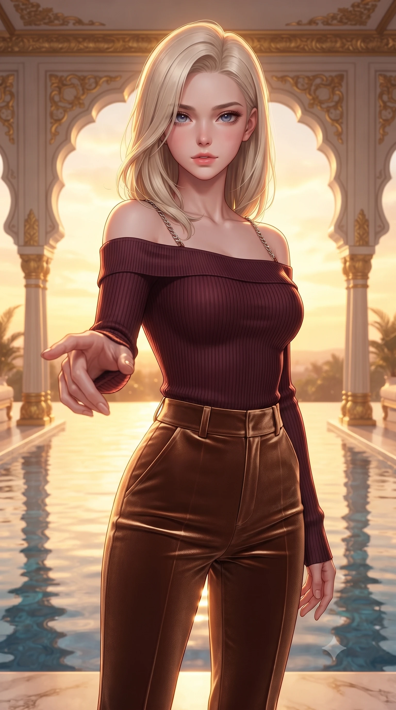score_9, masterpiece, best quality, ultra-detailed, high-budget anime keyframe, editorial fashion photography, tasteful artistic composition, Caucasian woman. close-up cowboy shot from the waist and thighs up, the character dominates the composition, filling the frame with her large presence, background elements kept in soft focus. Reaching one hand gracefully toward the viewer with effortless superiority and allure poised beside an infinity reflecting pool mirroring a warm sunset sky, opulent gold-leaf trim and carved ivory archways framed beautifully. She has an exceptionally elegant, slender, and willowy female figure with an ultra-slim waist, a gracefully sculpted slender torso, and a refined silhouette. sharp v-shaped jawline, high-bridge nose, intricate jewel-like eyes with depth, thick eyelashes, glossy lips with a natural sheen. wearing a sleek off-shoulder ribbed knit top paired with high-waist tailored pants in deep burgundy and bronze, made of premium stretch velvet with a rich sheen, adorned with delicate metallic chain straps along the neckline, the glove-like fit emphasizing her statuesque silhouette. illuminated by soft glowing sunset radiance with dramatic golden rim highlights. highly saturated vibrant anime colors, detailed shading with soft gradients, rich glossy textures, high-contrast stereoscopic depth, volumetric dynamic lighting, master piece, 9:16 ratio
