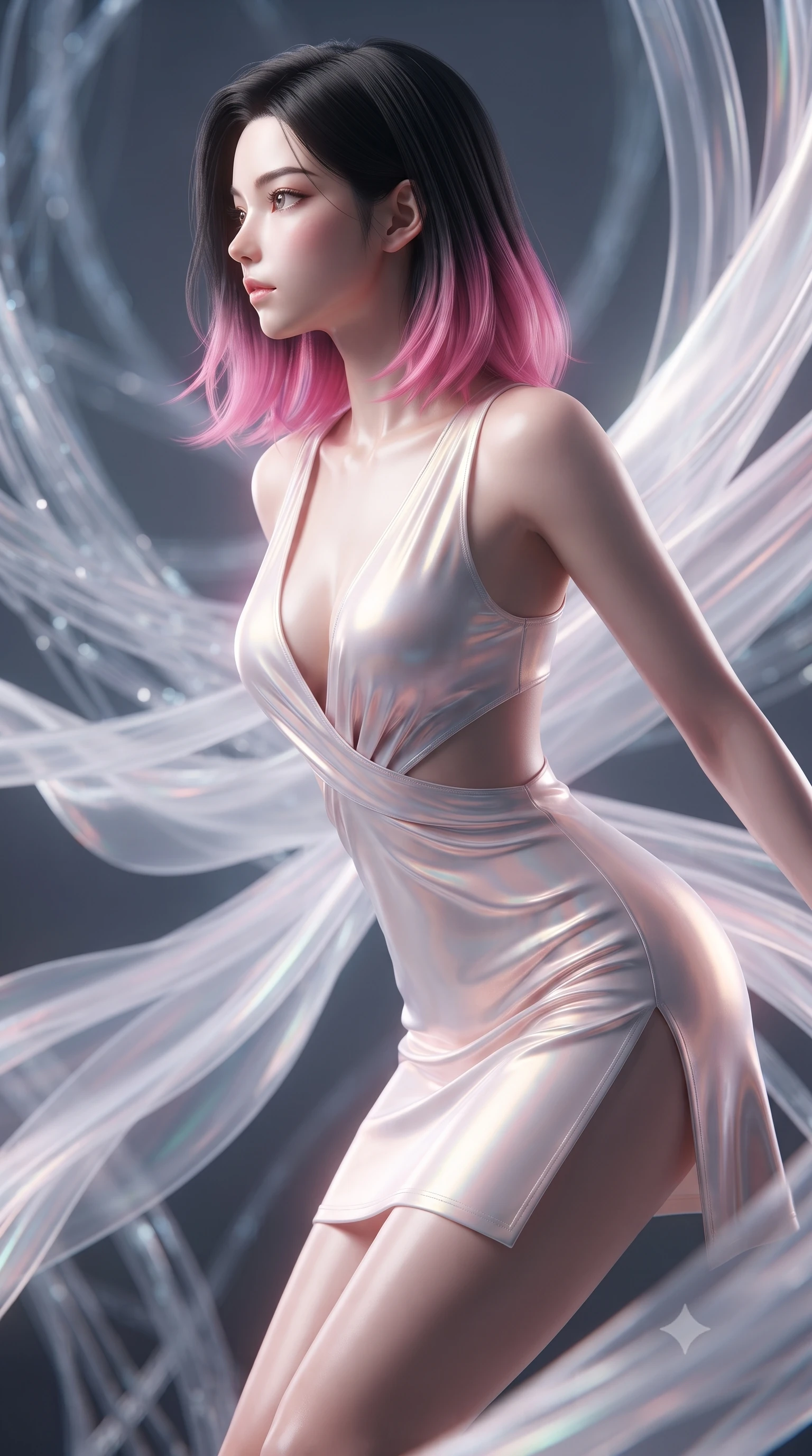 score_9, masterpiece, best quality, ultra-detailed, high-budget anime keyframe, editorial fashion photography, tasteful artistic composition, Korean woman. close-up cowboy shot from the waist and thighs up, the character dominates the composition, filling the frame with her large presence, background elements kept in soft focus. Turning her face in sharp profile while her upper body leans forward with poised athletic grace while pivoting her torso in an S-curve alignment inside a 3D fiber-optic loom void, translucent silk-like plasma streams swirling around her silhouette. She has an exceptionally elegant, slender, and willowy female figure with an ultra-slim waist, a gracefully sculpted slender torso, and a refined silhouette. sharp v-shaped jawline, high-bridge nose, intricate jewel-like eyes with depth, thick eyelashes, glossy lips with a natural sheen, flawlessly proportioned anatomical accuracy, natural body alignment, perfectly sculpted elegant limbs, clean dynamic posture without body distortion. wearing a liquid mercury gloss mini dress with ultra-deep V-neck and waist cutouts in pearl white and rose gold, crafted from iridescent chiffon that shifts colors in the light, finished with a sleek side slit ascending to mid-thigh, the elegant draped fit framing her graceful clavicle and slender torso. surrounded by a vibrant fluorescent aura with bright specular rim lights. ultra-reflective glossy finish, specular highlights, metallic sheen, high-contrast stereoscopic depth, volumetric dynamic lighting, 2k, ultra detail, master piece, 9:16 ratio