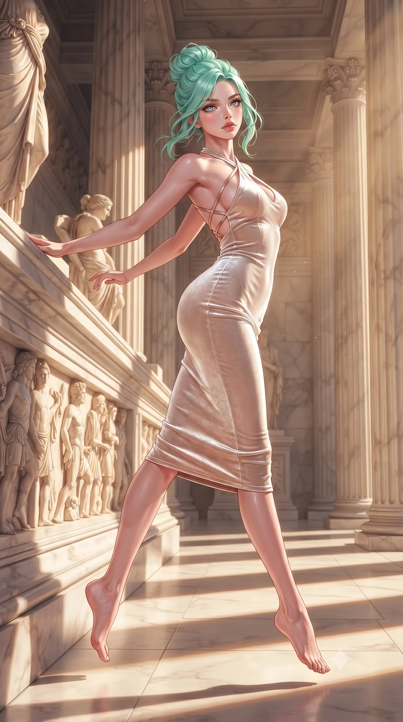 score_9, masterpiece, best quality, ultra-detailed, high-budget anime keyframe, editorial fashion photography, tasteful artistic composition, Japanese woman. low angle full-body shot from head to toe showing her feet, filling the entire 9:16 vertical frame with her statuesque presence, stretching her vertical silhouette. leaping gracefully through the environment with statuesque elegance and long slender legs poised beside a carved marble frieze reflecting warm golden sunbeams, crisp architectural shadow lines cast by tall marble columns. She has an absolutely perfect, statuesque 8.5-heads proportion, an exceptionally tall and slender model-like female figure with impossibly long slender legs and an ultra-slim waist. sharp v-shaped jawline, high-bridge nose, intricate jewel-like eyes with depth, thick eyelashes, glossy lips with a natural sheen. wearing a velvet halter-neck midi dress following her form like a glove in pearl white and rose gold, made of premium stretch velvet with a rich sheen, complemented by criss-cross back straps highlighting her bare shoulders, the glove-like fit emphasizing her statuesque silhouette. illuminated by warm marble reflections and soft, elegant shading. highly saturated vibrant anime colors, detailed shading with soft gradients, rich glossy textures, high-contrast stereoscopic depth, volumetric dynamic lighting, master piece, 9:16 ratio