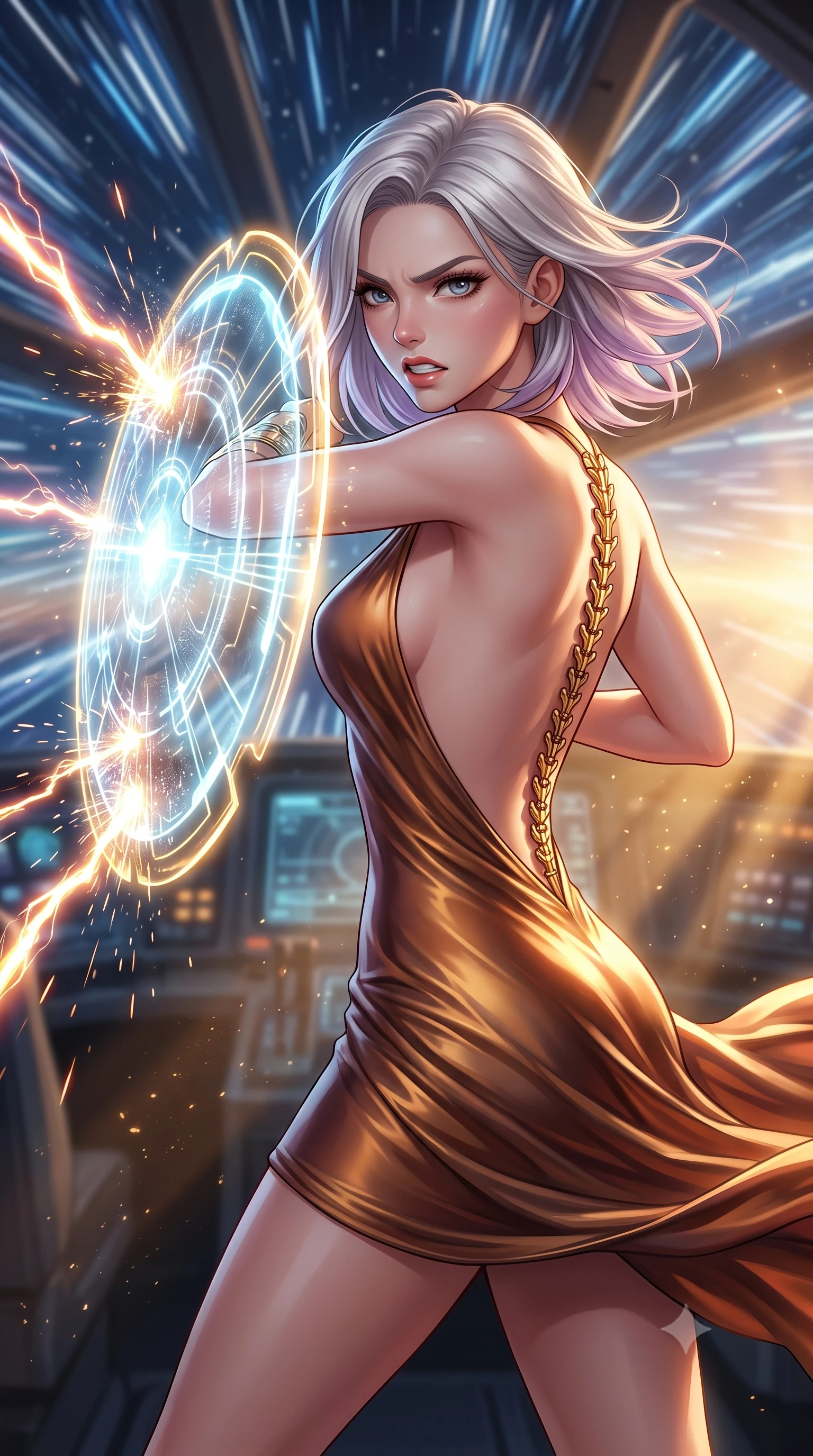 score_9, masterpiece, best quality, ultra-detailed, high-budget anime keyframe, editorial fashion photography, tasteful artistic composition, Caucasian woman, strictly human ears. close-up cowboy shot from the waist and thighs up, the character dominates the composition, filling the frame with her large presence, background elements kept in soft focus. Deflecting incoming plasma bolts with a glowing energy shield attached to her forearm, teeth grit in determination. set against a soft-focus background of the cockpit of a ship during hyperdrive, stars outside stretched into long streaks of white and blue light through the window. She has an exceptionally elegant and slender, willowy female figure with an ultra-slim waist, a gracefully sculpted slender torso, and a refined slim physique. sharp v-shaped jawline, high-bridge nose, intricate jewel-like eyes with depth, thick eyelashes, glossy lips with a natural sheen. wearing the lightweight fabric rippling and billowing dramatically with her movement, a form-contouring deep-V bodycon mini dress in shifting liquid bronze, featuring a dramatic open back and gold spine hardware. highly saturated vibrant anime colors, intense vivid color palette, soft 3D volumetric shading, volumetric dynamic lighting, golden hour sunlight streaming in warm shafts with floating dust particles catching the light. 2k, ultra detail, master piece, 9:16 ratio