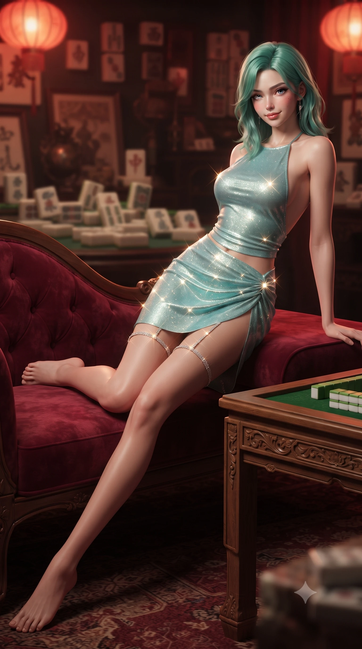 score_9, masterpiece, best quality, ultra-detailed, high-budget anime keyframe, editorial fashion photography, tasteful artistic composition, Japanese woman. low angle full-body shot from head to toe showing her feet, filling the entire 9:16 vertical frame with her statuesque presence, stretching her vertical silhouette. reclining gracefully across the plush chaise lounge with one leg extended, her sculpted silhouette and flat midriff radiating magnetic nocturnal glamour while sitting at the carved teak mahjong table with legs crossed, arching her lower back with seductive underworld queen poise. The background shows a soft-focus vintage mahjong tiles softened in nostalgic clandestine salon shallow focus. She has an absolutely perfect, statuesque 8.5-heads proportion, an exceptionally tall and slender model-like female figure with impossibly long slender legs, an ultra-slim waist, a flat toned midriff, narrow delicate ribcage, and beautifully sculpted feminine hips creating a graceful, slim hourglass silhouette without any bulky heaviness. sharp v-shaped jawline, high-bridge nose, sparkling eyes with hypnotic seductive depth, thick curled eyelashes, glossy parted lips with a natural dewy peach sheen, alluring bedroom-eyes with an enchanting coquettish smile, exuding magnetic siren charisma and sophisticated glamour, flawlessly proportioned anatomical accuracy, strict slender model proportions, natural body alignment, perfectly sculpted long slender limbs, ultra-slim waistline, clean dynamic posture without body distortion. wearing a liquid-tight halterneck silk camisole paired with a curve-hugging wrap sarong mini skirt with high side slit in celestial water-lily white and shimmering aquamarine, woven from stretch metallic lurex jersey casting radiant starlight glints across her silhouette, finished with delicate crystal-encrusted thigh garter straps glinting under the lights, the precision-cut side openings and low-back scoop framing her graceful spine and the sensual sweep of her slim, toned hips. bathed in warm moody crimson-and-amber illumination spilling from low-hanging silk lanterns. ultra-reflective glossy finish, specular highlights, rich textural contrasts, high-contrast stereoscopic depth, volumetric dynamic lighting, 2k, ultra detail, master piece, 9:16 ratio