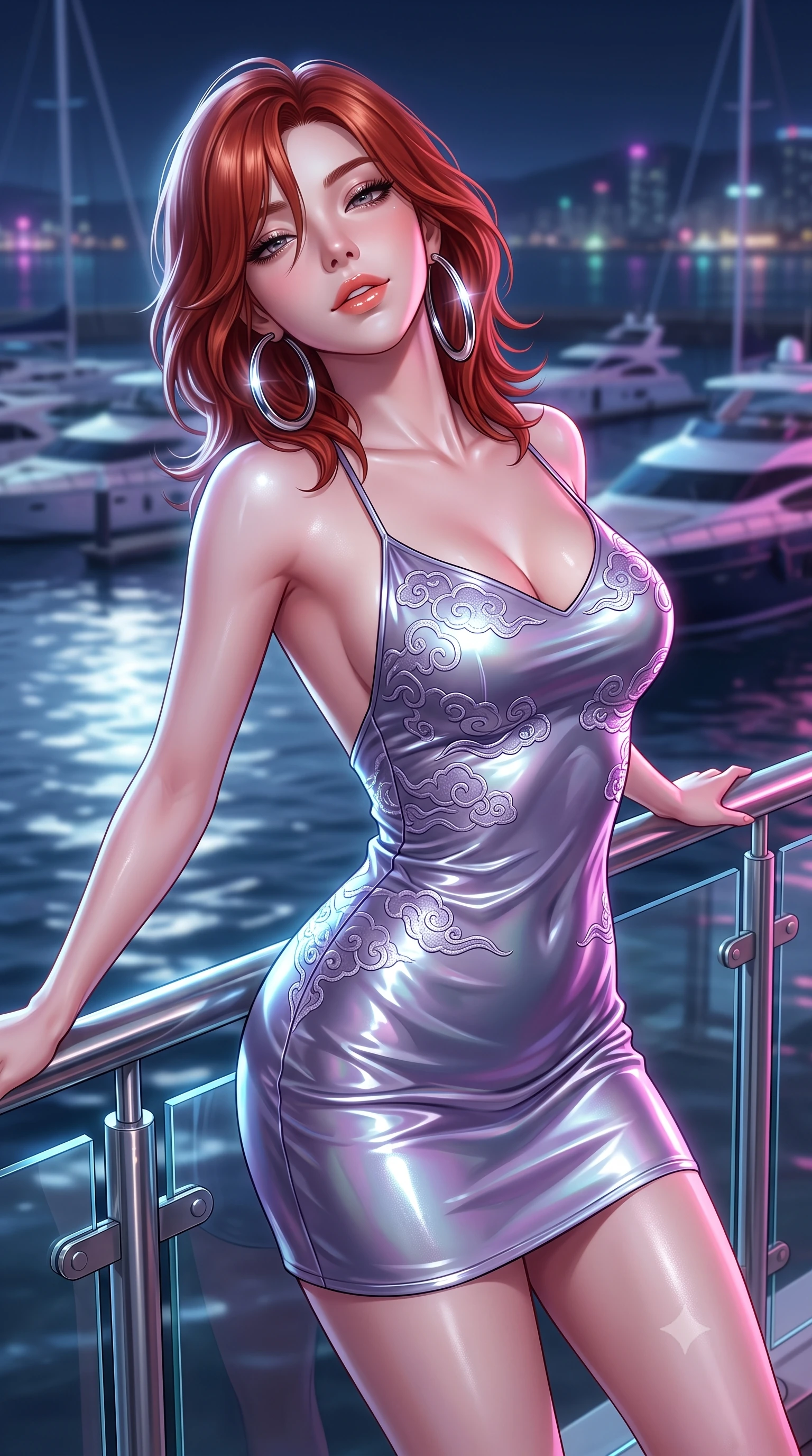 score_9, masterpiece, best quality, ultra-detailed, high-budget anime keyframe, semi-realistic 3D game render, editorial fashion photography, tasteful artistic composition, Korean woman. close-up cowboy shot from the waist and thighs up, the character dominates the composition, filling the frame with her large presence. leaning back against the balustrade with relaxed seductive grace, head tilted back slightly while casting a hypnotic, heavy-lidded gaze while twisting her slender torso in an alluring S-curve, salty harbor winds molding her form-fitting dress to her feminine hourglass contours. The background shows a soft-focus moored luxury yachts softened in breezy maritime night shallow focus. She has an exceptionally elegant, slender, and willowy female figure with an ultra-slim waist, flat toned midriff, narrow ribcage, and sculpted feminine hips creating an alluring, slim hourglass silhouette without bulk. sharp v-shaped jawline, high-bridge nose, sparkling eyes with hypnotic seductive depth, thick curled eyelashes, glossy parted lips with a natural dewy peach sheen, alluring bedroom-eyes with an enchanting coquettish smile, exuding magnetic siren charisma and sophisticated glamour, flawlessly proportioned anatomical accuracy, strict slender model proportions, natural body alignment, perfectly sculpted long slender limbs, ultra-slim waistline, clean dynamic posture without body distortion. wearing a backless embroidered silk satin slip dress with traditional cloud motifs contouring her narrow waist and curvy hips in iridescent mother-of-pearl and misty lavender, crafted from wet-look high-gloss vinyl fabric with dazzling specular surface reflections, accented with oversized polished chrome hoop earrings catching the ambient neon glow, the glove-like clinging cut tightly following the natural contour of her hips and long slender legs with youthful 8.5-heads elegance. illuminated by harbor water moonbeam bounce and sharp platinum rim lights defining her collarbones, narrow waist, and curvy hips. highly saturated vibrant anime colors, detailed shading with soft gradients, rich glossy textures, high-contrast stereoscopic depth, volumetric dynamic lighting, master piece, 9:16 ratio