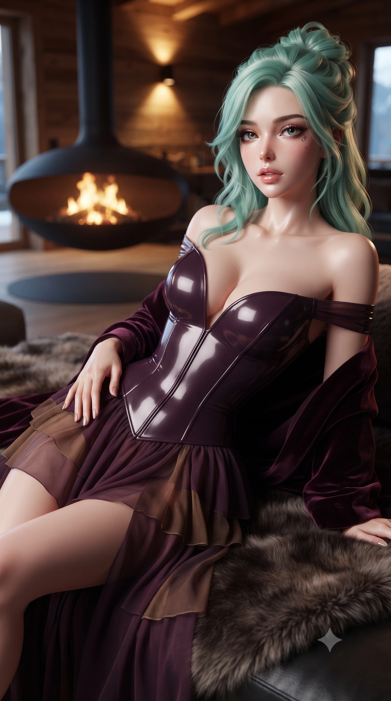 score_9, masterpiece, best quality, ultra-detailed, high-budget anime keyframe, editorial fashion photography, tasteful artistic composition, Japanese woman. close-up cowboy shot from the waist and thighs up, the character dominates the composition, filling the frame with her large presence. resting one manicured hand delicately on her hip bone, her upper body turning in a fluid, seductive S-curve while parted lips glisten in the light while reclining on a plush fur-lined lounge daybed before a suspended circular fireplace, arching her spine in cozy, seductive warmth. The composition keeps background elements in soft focus with creamy bokeh. suspended modern fireplace flames and warm timber interiors softened in cozy shallow depth of field. She has an exceptionally elegant, slender, and willowy female figure with an ultra-slim waist, flat toned midriff, narrow ribcage, and sculpted feminine hips creating an alluring, slim hourglass silhouette without bulk. sharp v-shaped jawline, high-bridge nose, intricate jewel-like eyes with depth, thick eyelashes, glossy parted lips with a natural sheen, intensely captivating and seductive bedroom-eyes expression, flawlessly proportioned anatomical accuracy, strict slender model proportions, natural body alignment, perfectly sculpted long slender limbs, ultra-slim waistline, clean dynamic posture without body distortion. wearing an off-shoulder French court corset bodice dress paired with a tiered translucent chiffon slit skirt in deep plum violet and antique bronze, tailored from second-skin aerodynamic stretch vinyl with specular wet sheen, complemented by a plush velvet shawl draped loosely over her elbows, the liquid-tight tailored fabric clinging flawlessly to her narrow waist and rounded feminine hips, emphasizing every millimeter of her sculpted slim hourglass curves without any bulky heaviness. bathed in crisp alpine blue daylight ambient fill and warm roaring suspended fire pit uplights. ultra-reflective glossy finish, specular highlights, rich textural contrasts, high-contrast stereoscopic depth, volumetric dynamic lighting, 2k, ultra detail, master piece, 9:16 ratio
