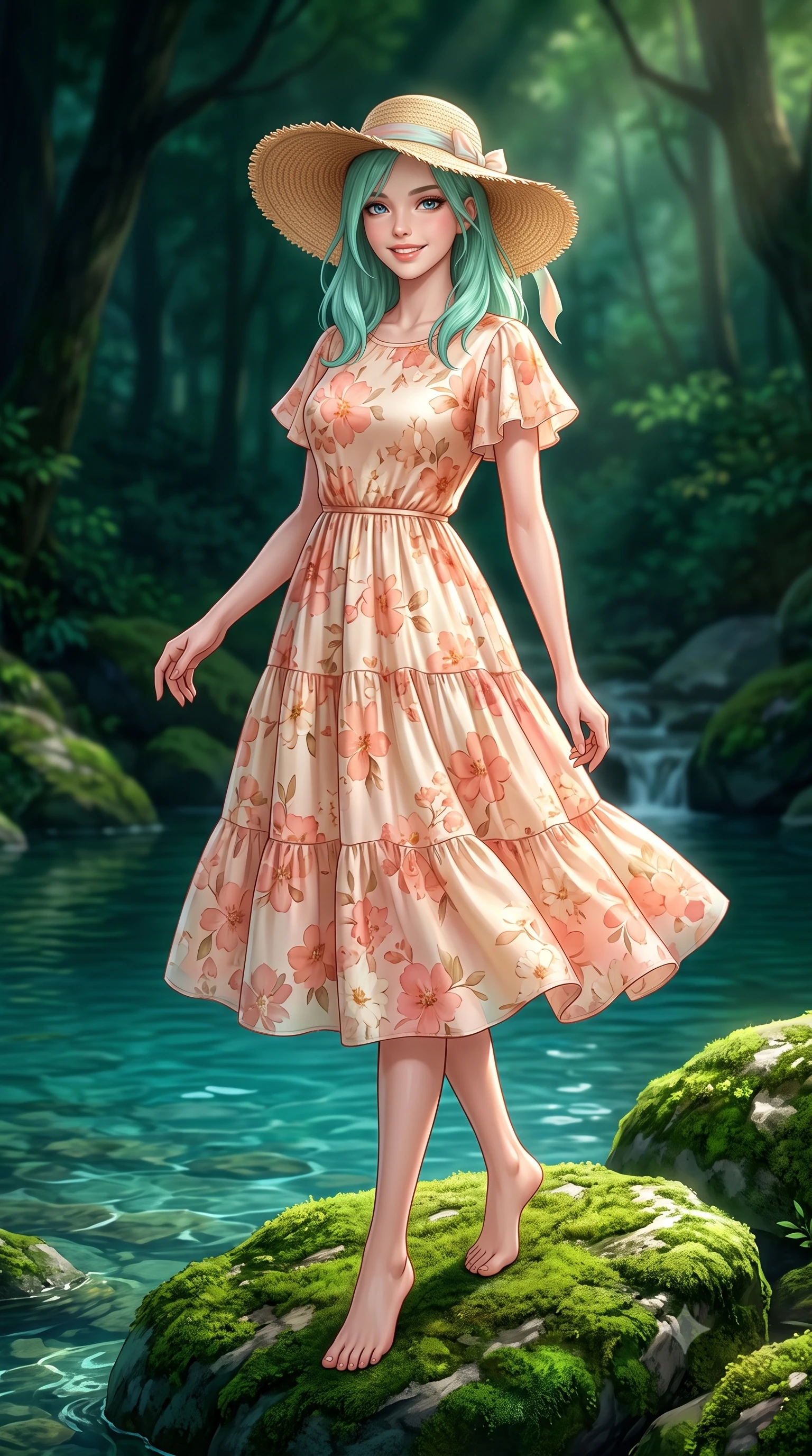 score_9, masterpiece, best quality, ultra-detailed, high-budget anime keyframe, semi-realistic 3D game render, editorial fashion photography, tasteful artistic composition, Japanese woman. low angle full-body shot from head to toe showing her feet, filling the entire 9:16 vertical frame with her statuesque presence, stretching her vertical silhouette. pivoting dynamically with a fresh infectious smile, her ultra-slim waist and long slender legs creating a fluid graceful line while resting gracefully on an emerald moss-covered boulder by a tranquil natural pool, smiling warmly at the viewer. The surrounding environment is rendered in vivid detail and crisp panoramic clarity. deep woodland chiaroscuro and magical natural water sanctuary aesthetics rendered with precision. She has an absolutely perfect, statuesque 8.5-heads proportion, an exceptionally tall and slender model-like female figure with impossibly long slender legs, a toned flat midriff, and an ultra-slim waist. sharp v-shaped jawline, high-bridge nose, intricate jewel-like eyes with depth, thick eyelashes, glossy lips with a natural sheen, pure and lovely fresh girlhood expression, flawlessly proportioned anatomical accuracy, strict slender model proportions, natural body alignment, perfectly sculpted long slender limbs, ultra-slim waistline, clean dynamic posture without body distortion. wearing a breezy tiered chiffon sundress with delicate floral print and short flutter sleeves in warm peach blossom pink and champagne ivory, crafted from smooth fluid silk satin with a natural gentle sheen, paired with a wide-brim woven straw hat tied with a pastel ribbon, the tailored casual silhouette highlighting her fresh and youthful presence and perfectly proportioned slender frame. illuminated by soft emerald forest bounce light accentuating her natural beauty and lovely outfit. highly saturated vibrant anime colors, detailed shading with soft gradients, rich glossy textures, high-contrast stereoscopic depth, volumetric dynamic lighting, master piece, 9:16 ratio