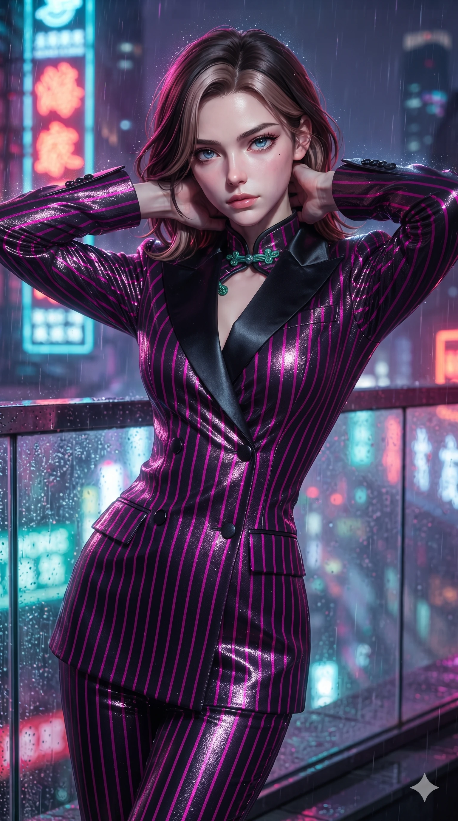 score_9, masterpiece, best quality, ultra-detailed, high-budget anime keyframe, editorial fashion photography, tasteful artistic composition, Korean woman. close-up cowboy shot from the waist and thighs up, the character dominates the composition, filling the frame with her large presence. resting both hands lightly behind her neck with elbows raised, arching her spine to highlight her narrow waist, flat midriff, and breathtaking collarbones while standing tall and poised against the wet glass railing, arching her lower back with sovereign supermodel grace as rain mist catches the neon glow. The background shows a soft-focus rain-slicked urban night atmosphere softened in Shanghai rooftop balcony shallow focus. She has an exceptionally elegant, slender, and willowy female figure with an ultra-slim waist, flat toned midriff, narrow ribcage, and sculpted feminine hips creating an alluring, slim hourglass silhouette without bulk. sharp v-shaped jawline, high-bridge nose, intricate jewel-like sparkling eyes with depth, thick eyelashes, glossy parted lips with a natural sheen, intensely captivating and seductive bedroom-eyes expression, exuding both youthful cute charm and sovereign luxury allure, flawlessly proportioned anatomical accuracy, strict slender model proportions, natural body alignment, perfectly sculpted long slender limbs, ultra-slim waistline, clean dynamic posture without body distortion. wearing a tailored double-breasted tuxedo evening dress with structured satin lapels and metallic pinstripes in black lacquer and vibrant magenta neon, crafted from luxurious metallic lamé that shifts radiance with every step, finished with sleek jade frog closures glinting along her high collar, the bespoke structured tailoring following the natural line of her 8.5-heads silhouette with refined elegance. bathed in the intense, high-saturation glow of multi-colored neon signage reflecting off wet surfaces. ultra-reflective glossy finish, specular highlights, rich textural contrasts, high-contrast stereoscopic depth, volumetric dynamic lighting, 2k, ultra detail, master piece, 9:16 ratio