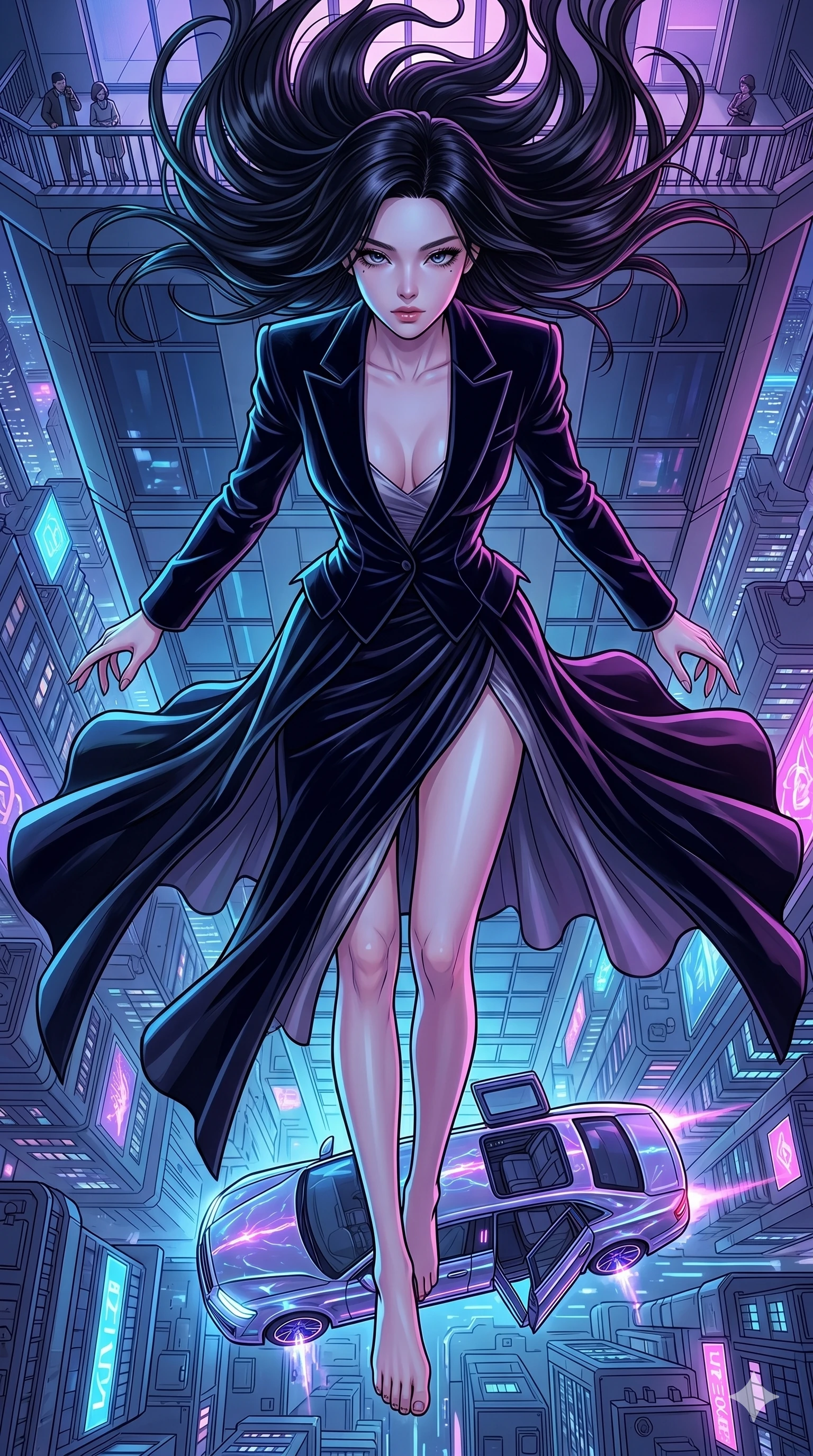 score_9, masterpiece, best quality, ultra-detailed, high-budget anime movie keyframe, cinematic anime lighting, intricate line art, Korean woman. Extreme high angle shot as she leaps towards the camera, filling the frame. leaping from a high-rise balcony into a waiting hover-limo. She has an absolutely perfect 8-heads proportion, an exceptionally tall and slender female figure with an ultra-slim waist and impossibly long slender legs. strictly human anatomy, two legs only, no extra limbs, clearly defined legs and arms, perfect anatomy, perfect hands and fingers. sharp v-shaped jawline, high-bridge nose, intricate jewel-like eyes, thick eyelashes, glossy lips. Wearing High-Fashion Editorial: Silk slip dress with high side slit, backless velvet gown, and structured blazer with nothing underneath. The scene is illuminated by dramatic atmospheric lighting and vibrant color palettes. , 2k, ultra detail, master piece, 9:16 ratio